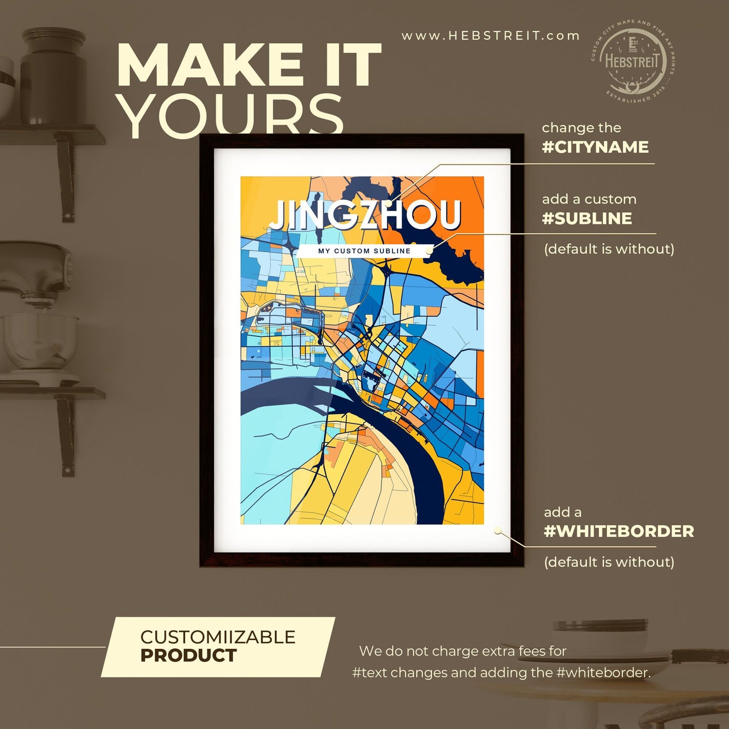 JINGZHOU CHINA Vibrant Colorful Art Map Poster Blue Orange