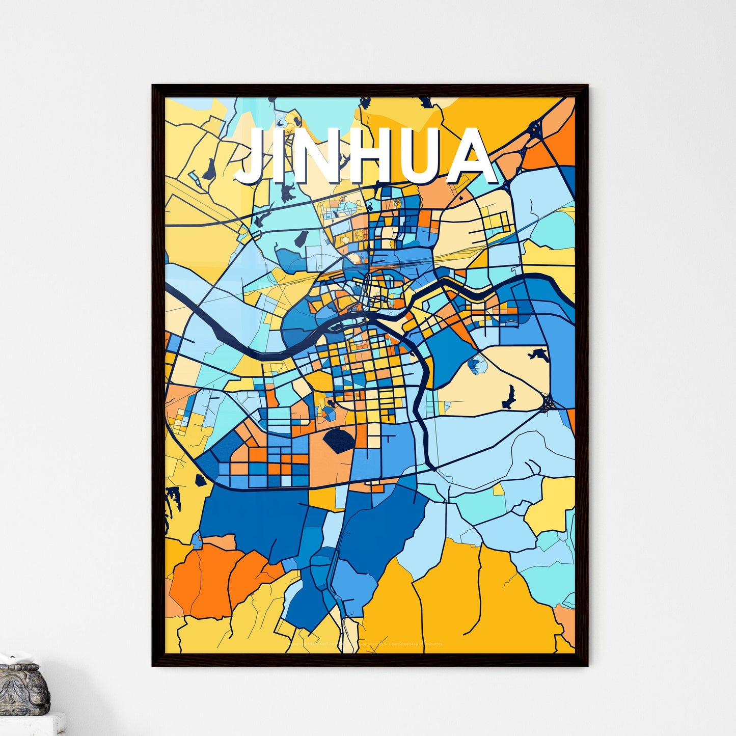 JINHUA CHINA Vibrant Colorful Art Map Poster Blue Orange