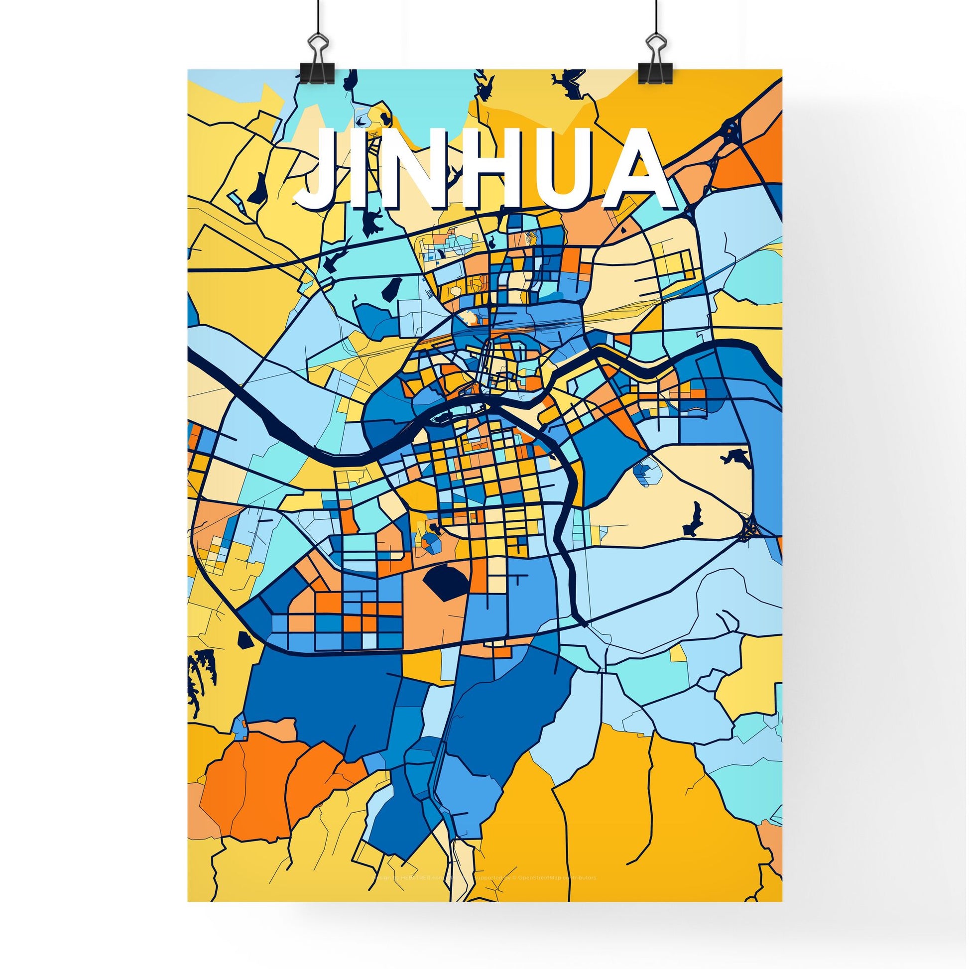 JINHUA CHINA Vibrant Colorful Art Map Poster Blue Orange