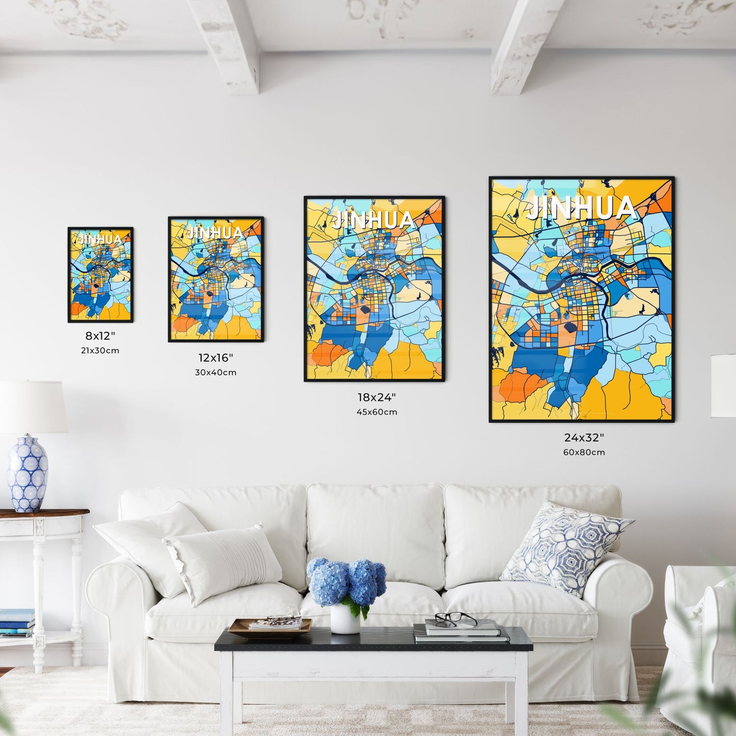 JINHUA CHINA Vibrant Colorful Art Map Poster Blue Orange
