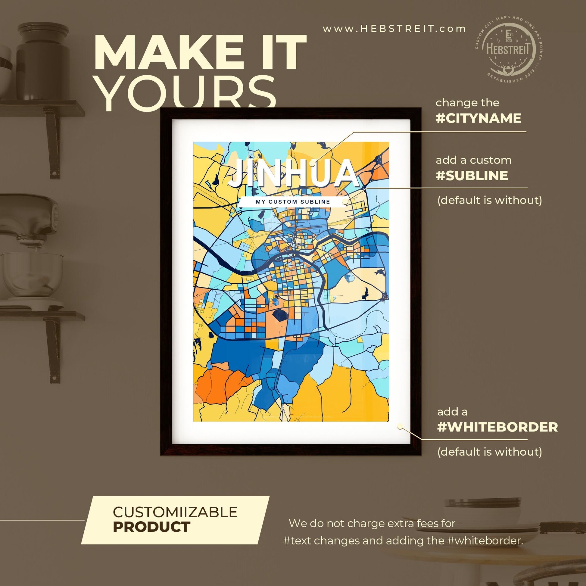 JINHUA CHINA Vibrant Colorful Art Map Poster Blue Orange