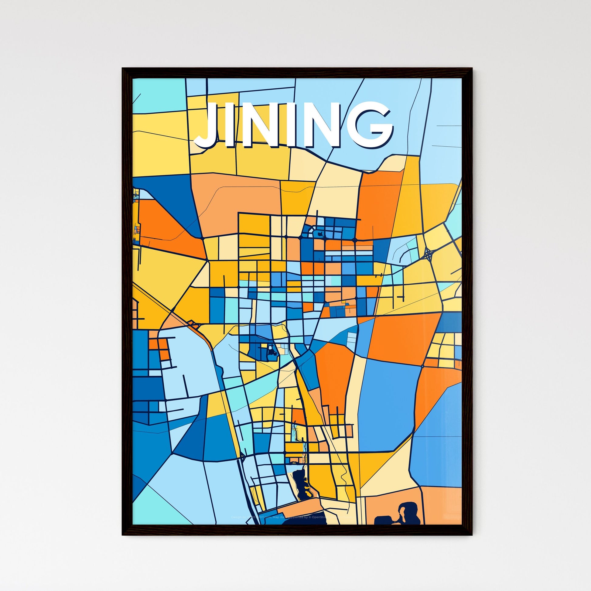 JINING CHINA Vibrant Colorful Art Map Poster Blue Orange