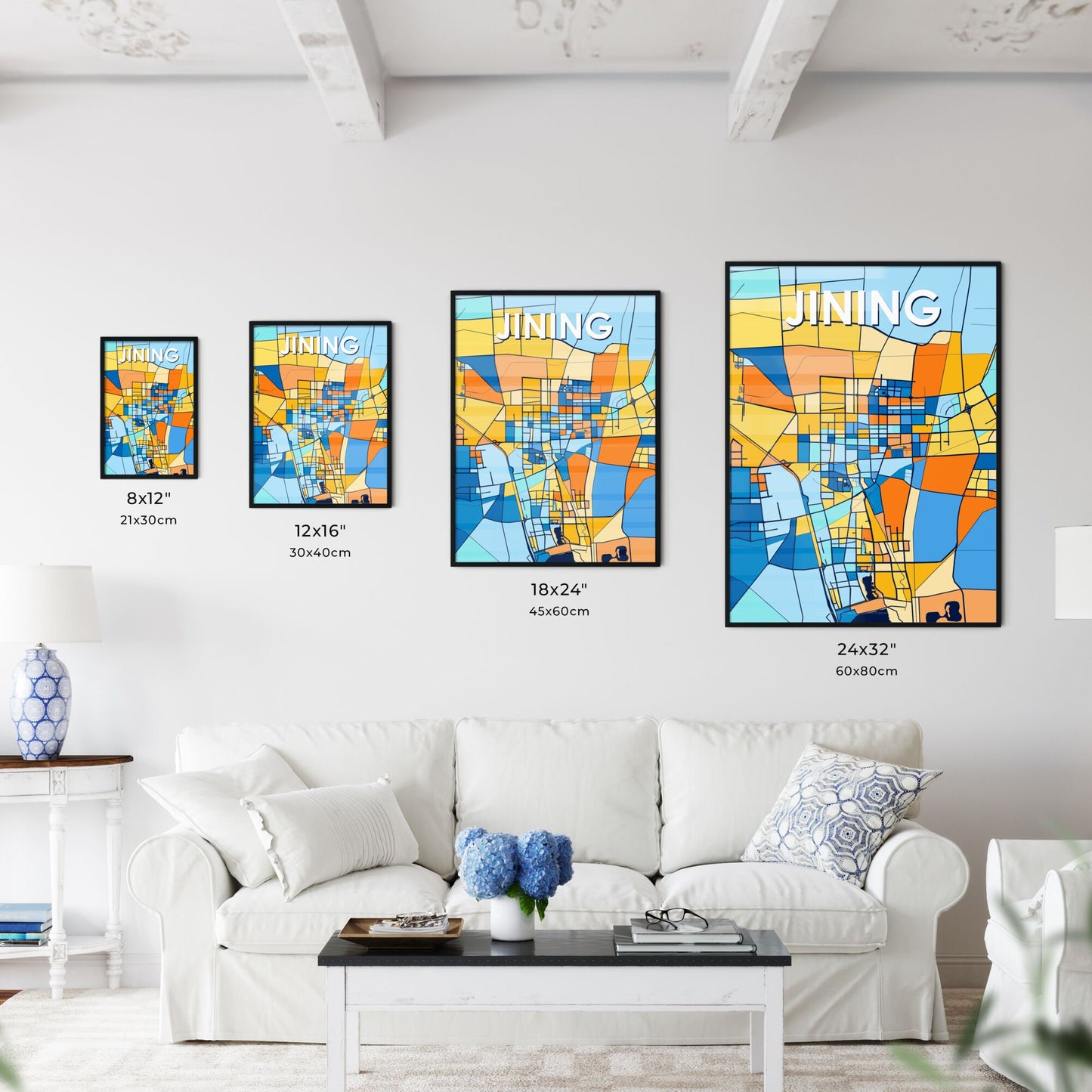 JINING CHINA Vibrant Colorful Art Map Poster Blue Orange