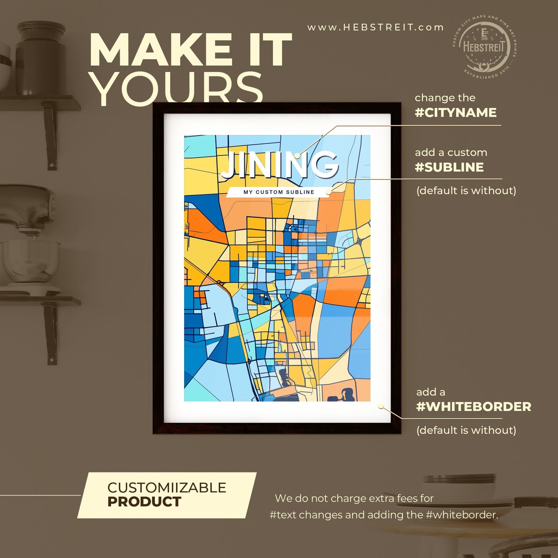 JINING CHINA Vibrant Colorful Art Map Poster Blue Orange