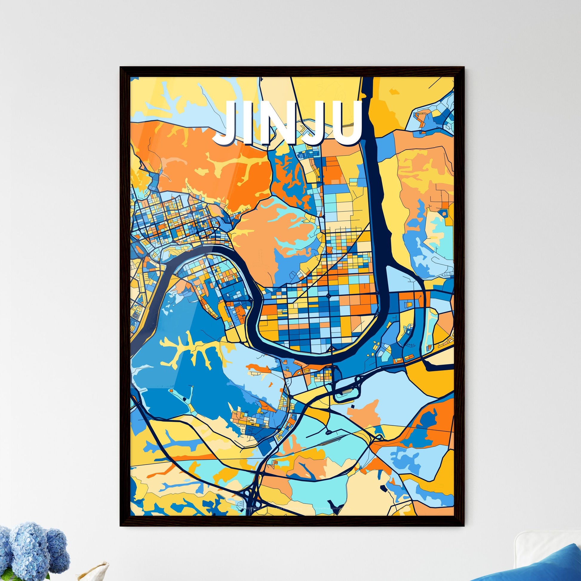 JINJU SOUTH KOREA Vibrant Colorful Art Map Poster Blue Orange