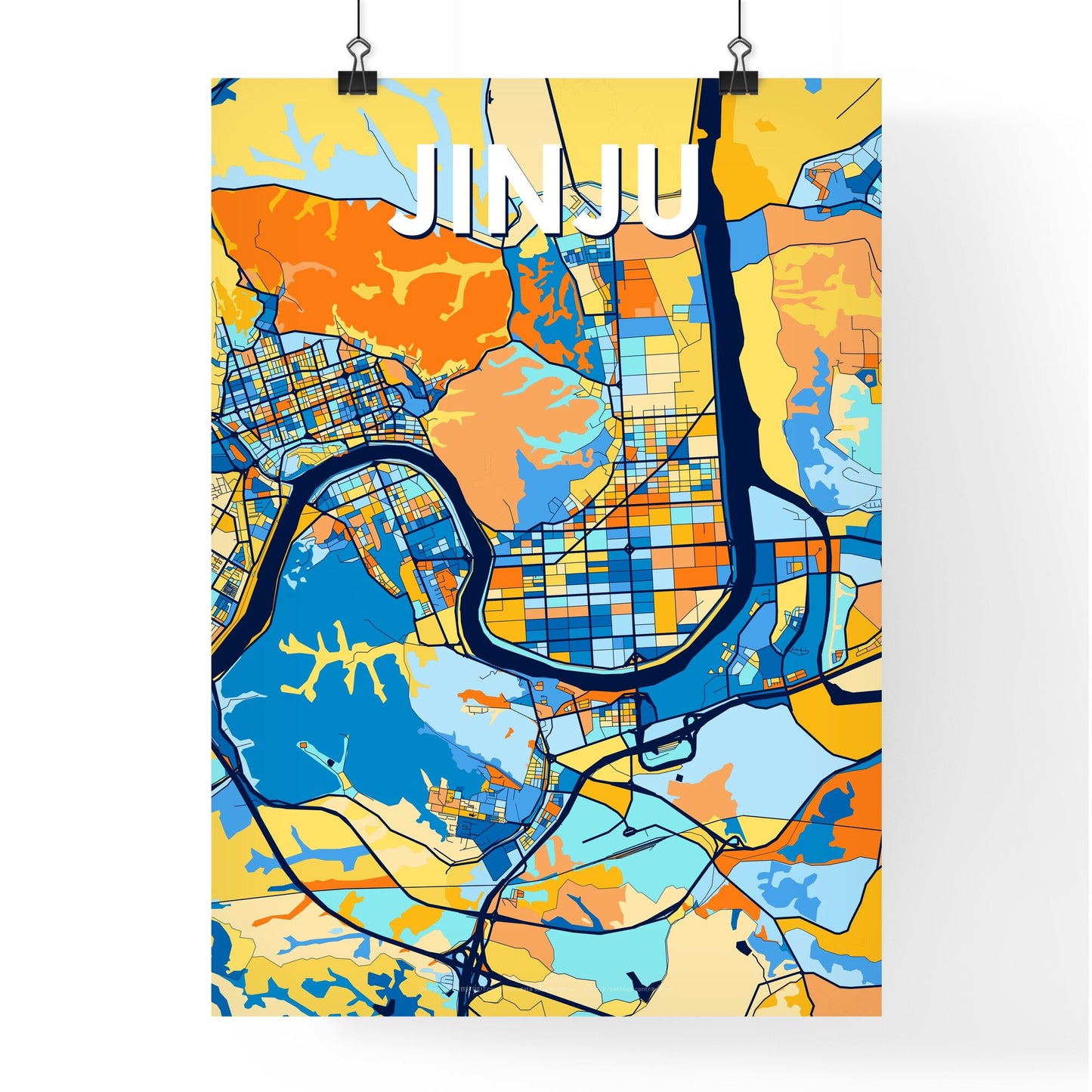 JINJU SOUTH KOREA Vibrant Colorful Art Map Poster Blue Orange
