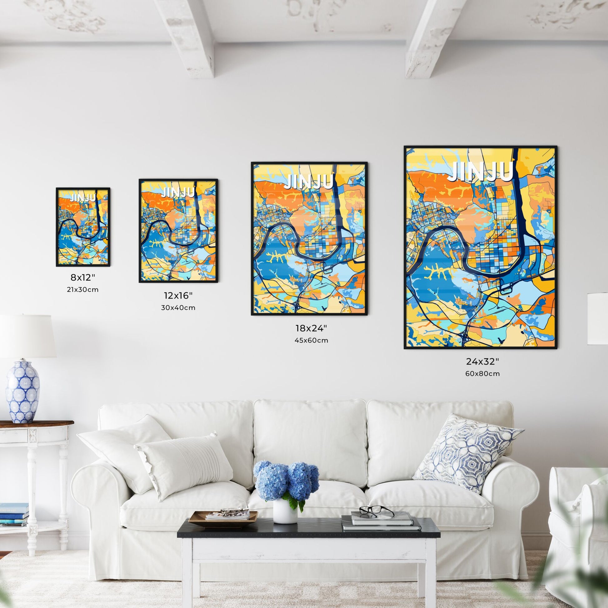 JINJU SOUTH KOREA Vibrant Colorful Art Map Poster Blue Orange