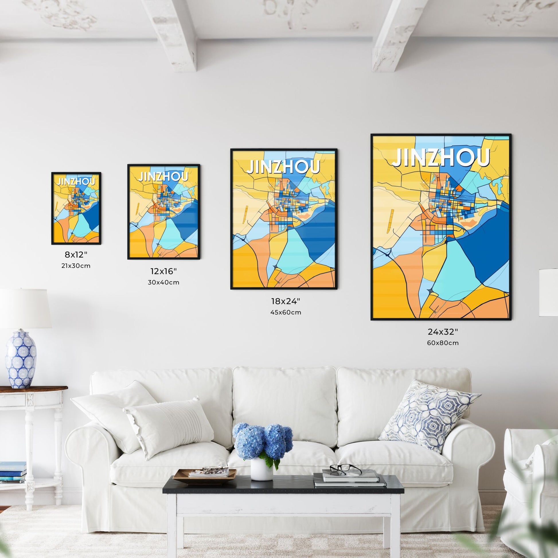 JINZHOU CHINA Vibrant Colorful Art Map Poster Blue Orange