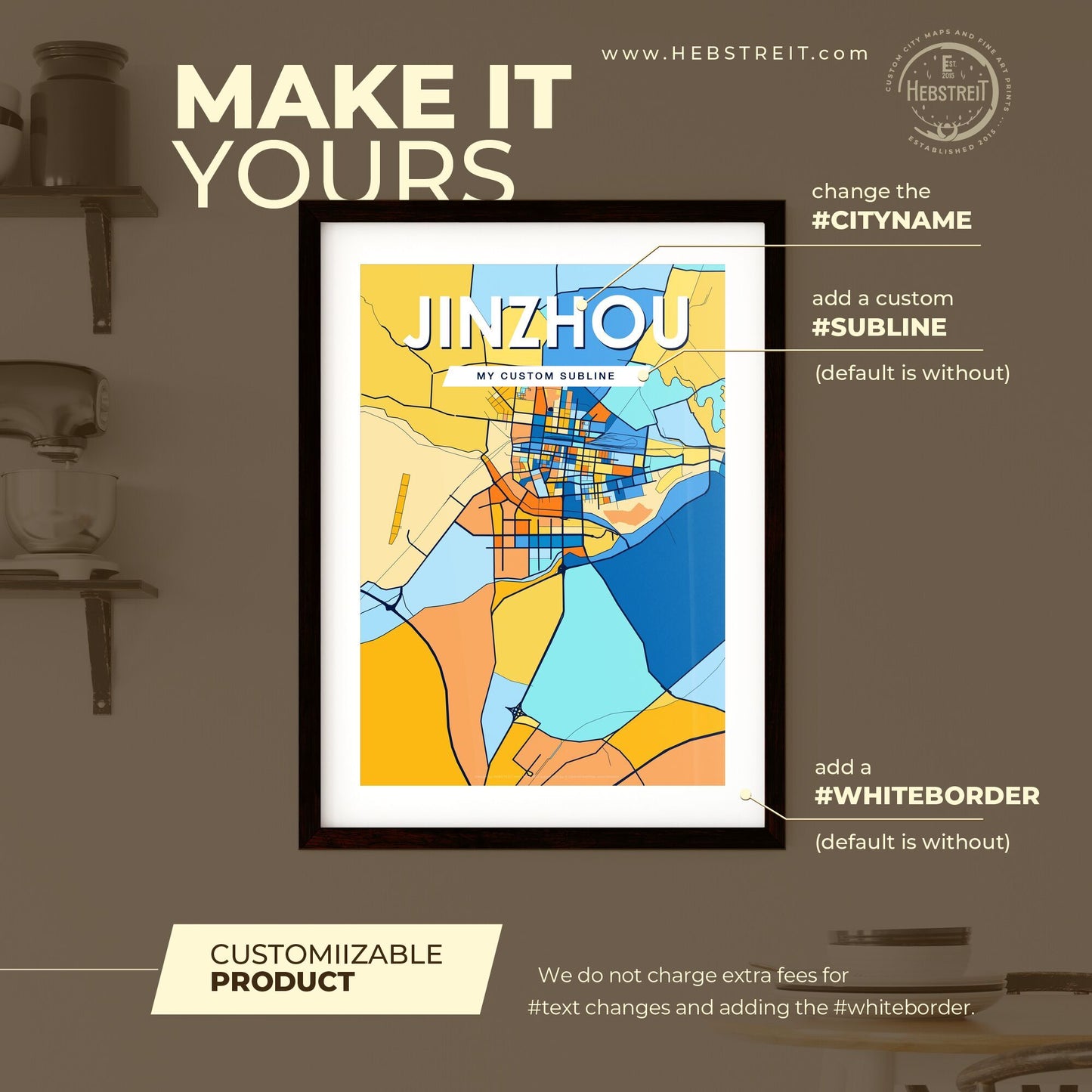 JINZHOU CHINA Vibrant Colorful Art Map Poster Blue Orange