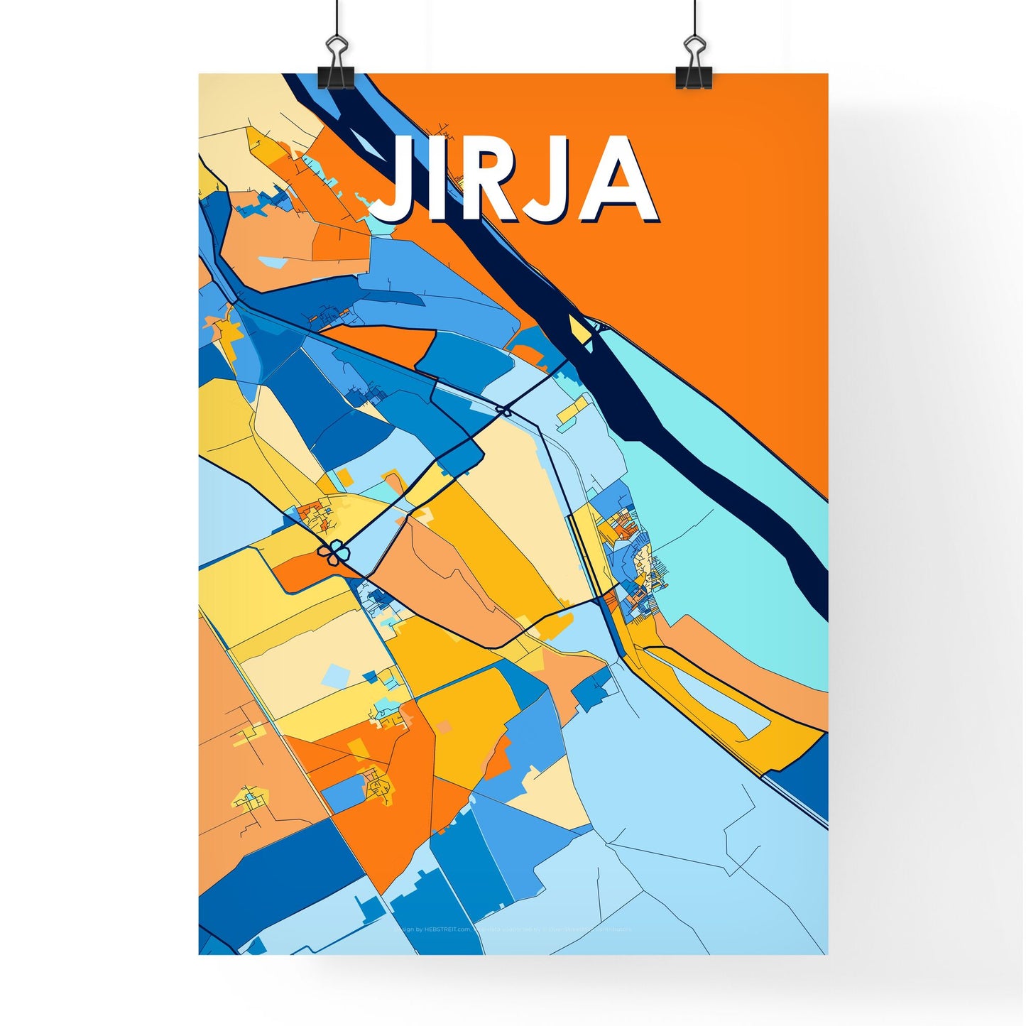 JIRJA EGYPT Vibrant Colorful Art Map Poster Blue Orange