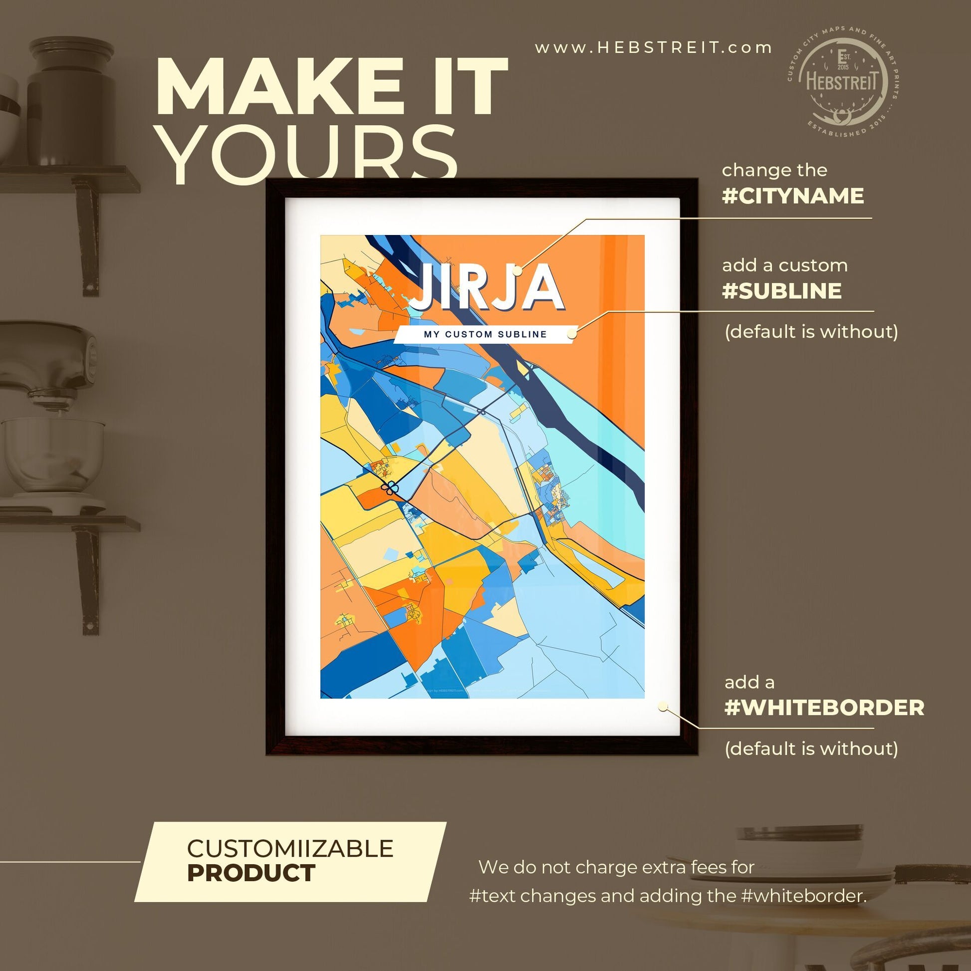 JIRJA EGYPT Vibrant Colorful Art Map Poster Blue Orange