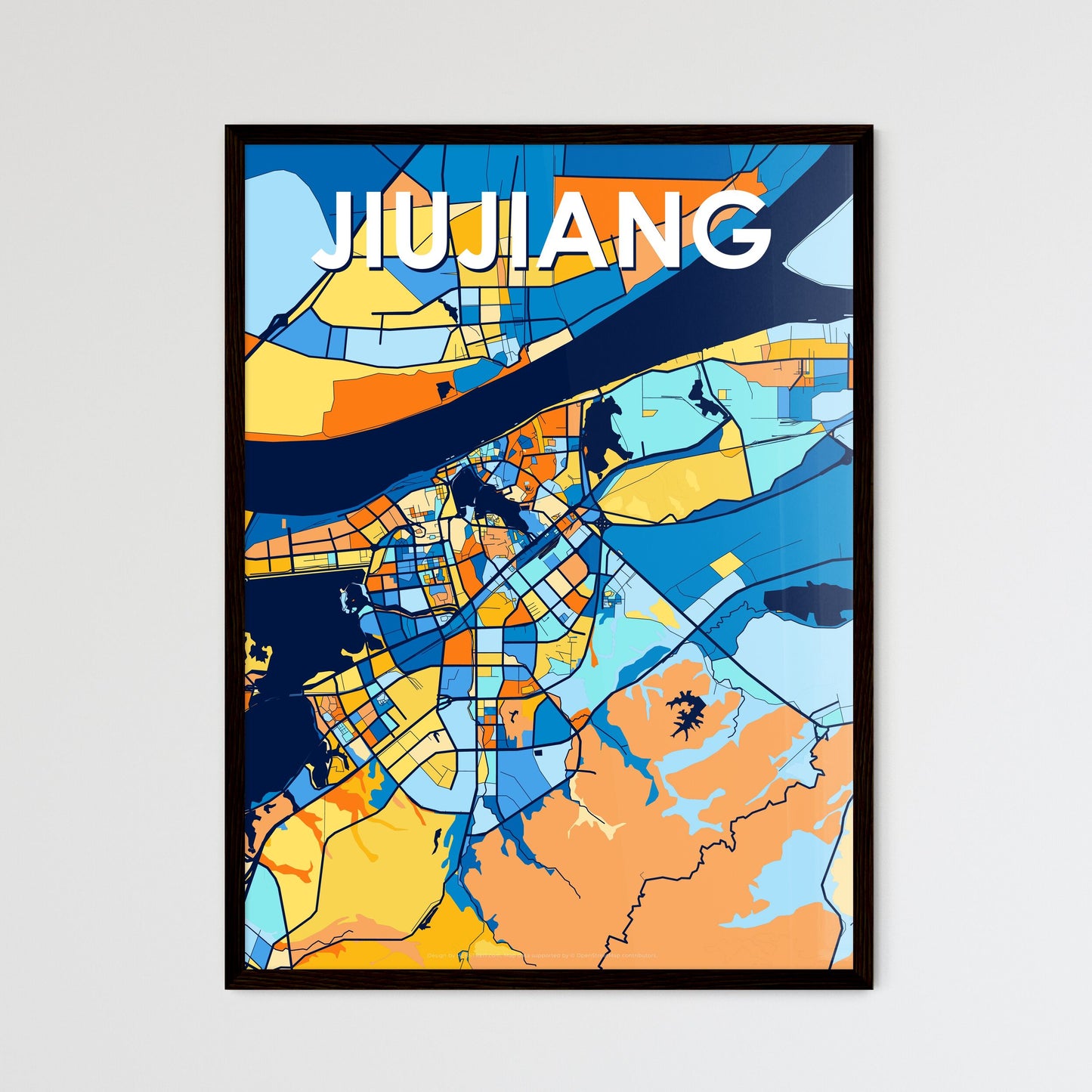 JIUJIANG CHINA Vibrant Colorful Art Map Poster Blue Orange
