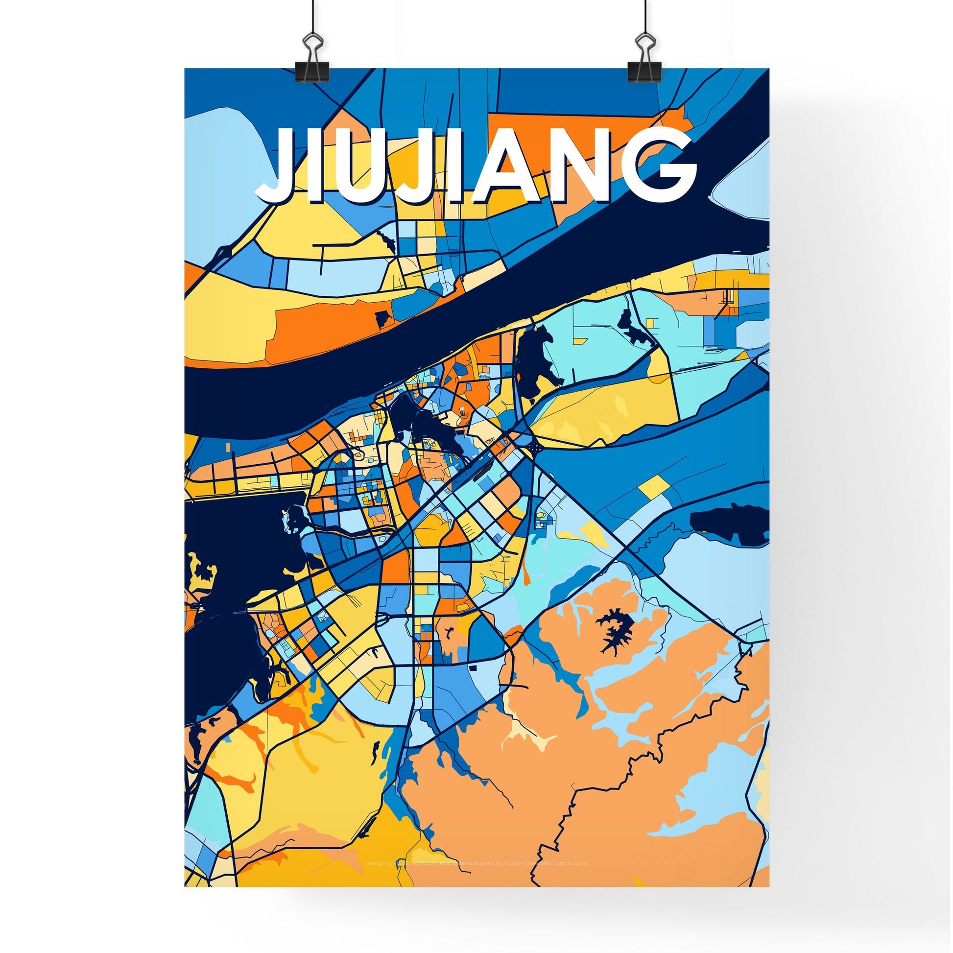 JIUJIANG CHINA Vibrant Colorful Art Map Poster Blue Orange