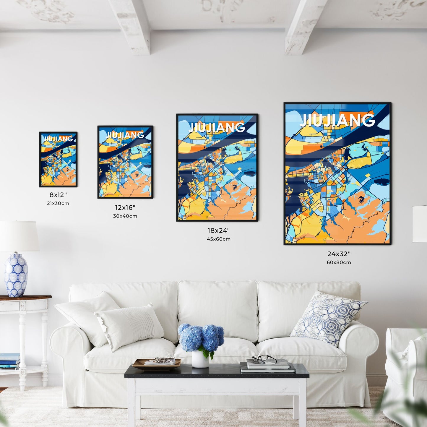 JIUJIANG CHINA Vibrant Colorful Art Map Poster Blue Orange