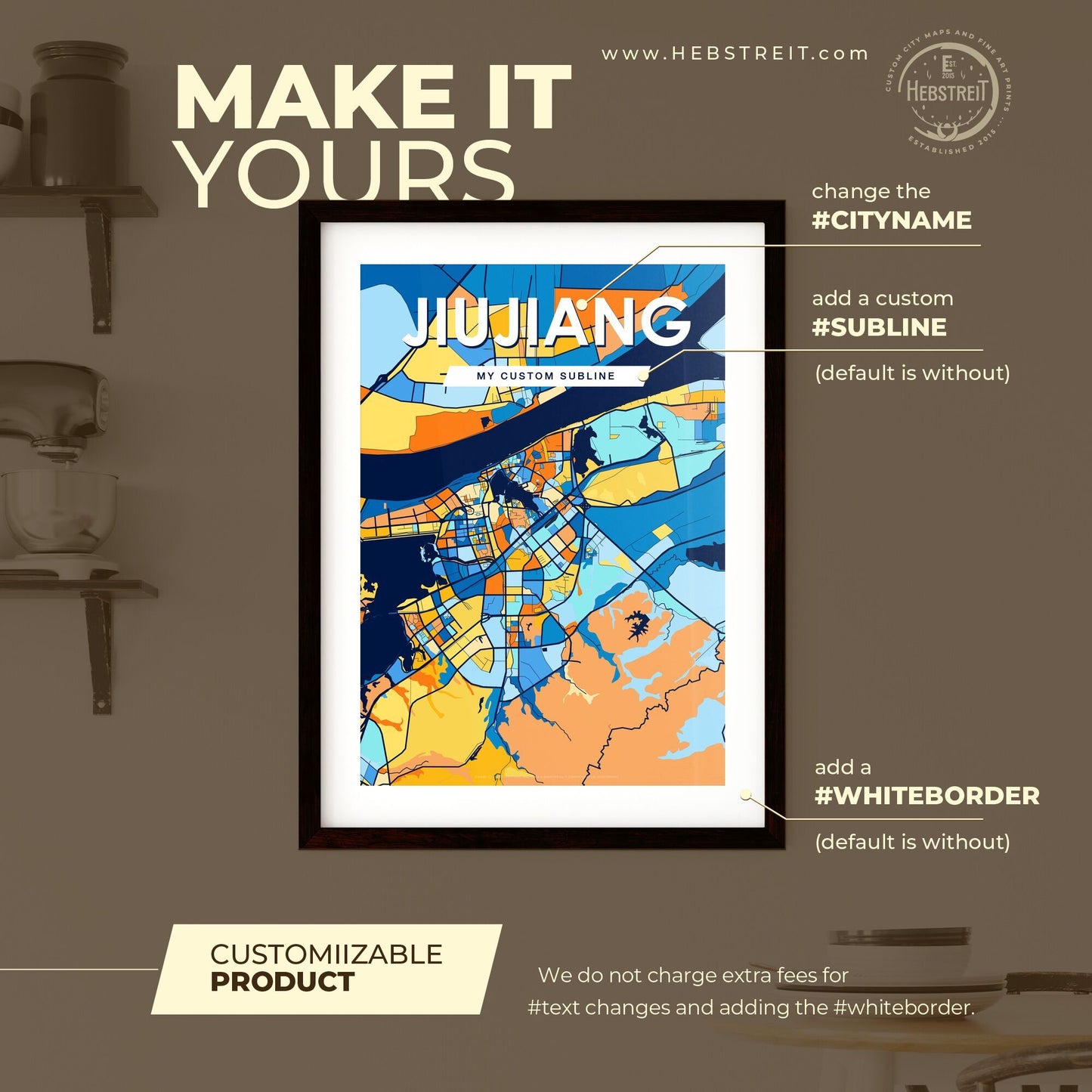 JIUJIANG CHINA Vibrant Colorful Art Map Poster Blue Orange