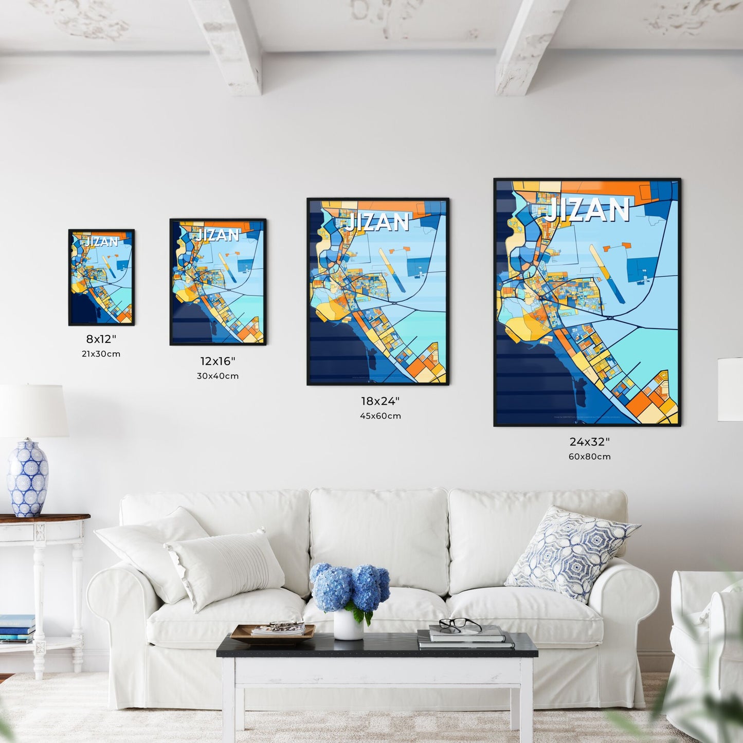 JIZAN SAUDI ARABIA Vibrant Colorful Art Map Poster Blue Orange
