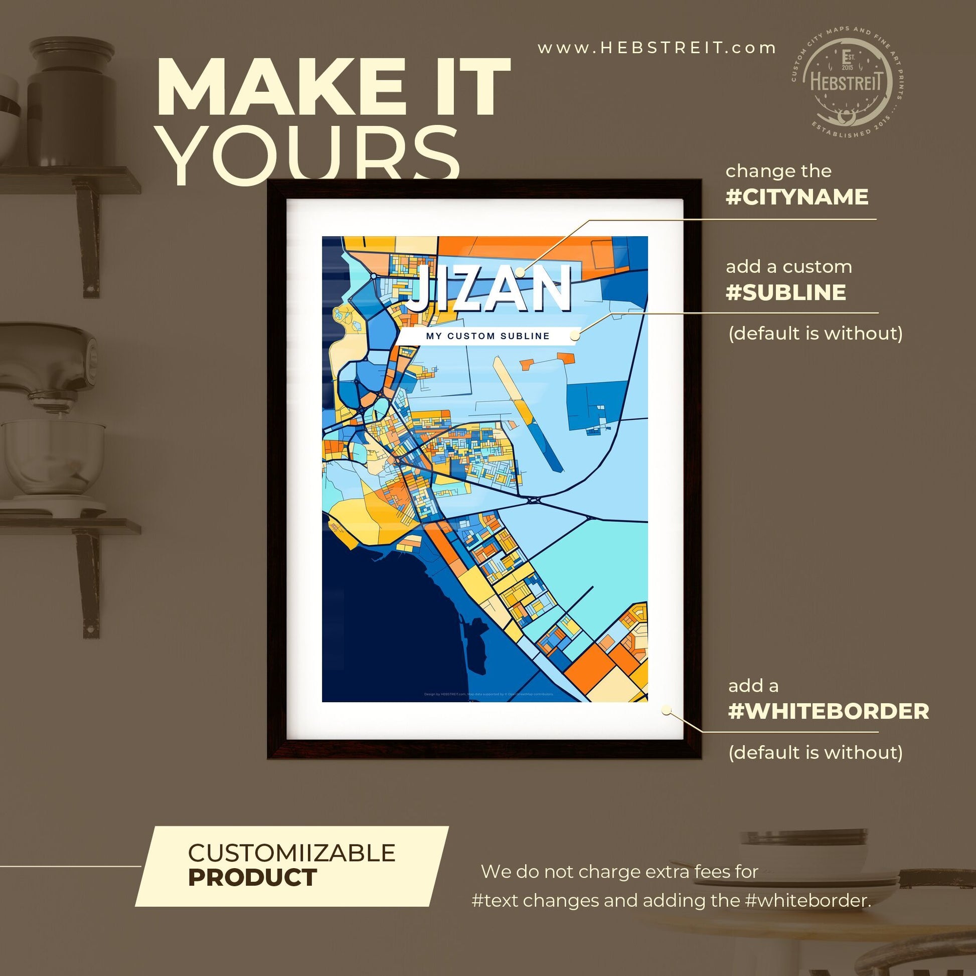 JIZAN SAUDI ARABIA Vibrant Colorful Art Map Poster Blue Orange