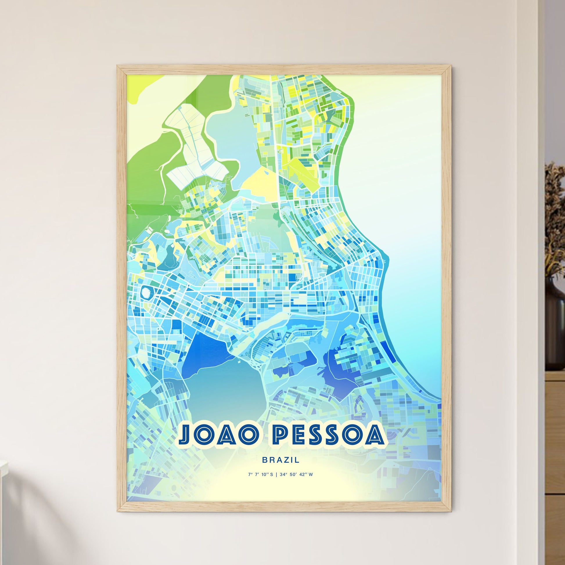 Colorful Joao Pessoa Brazil Fine Art Map Cool Blue