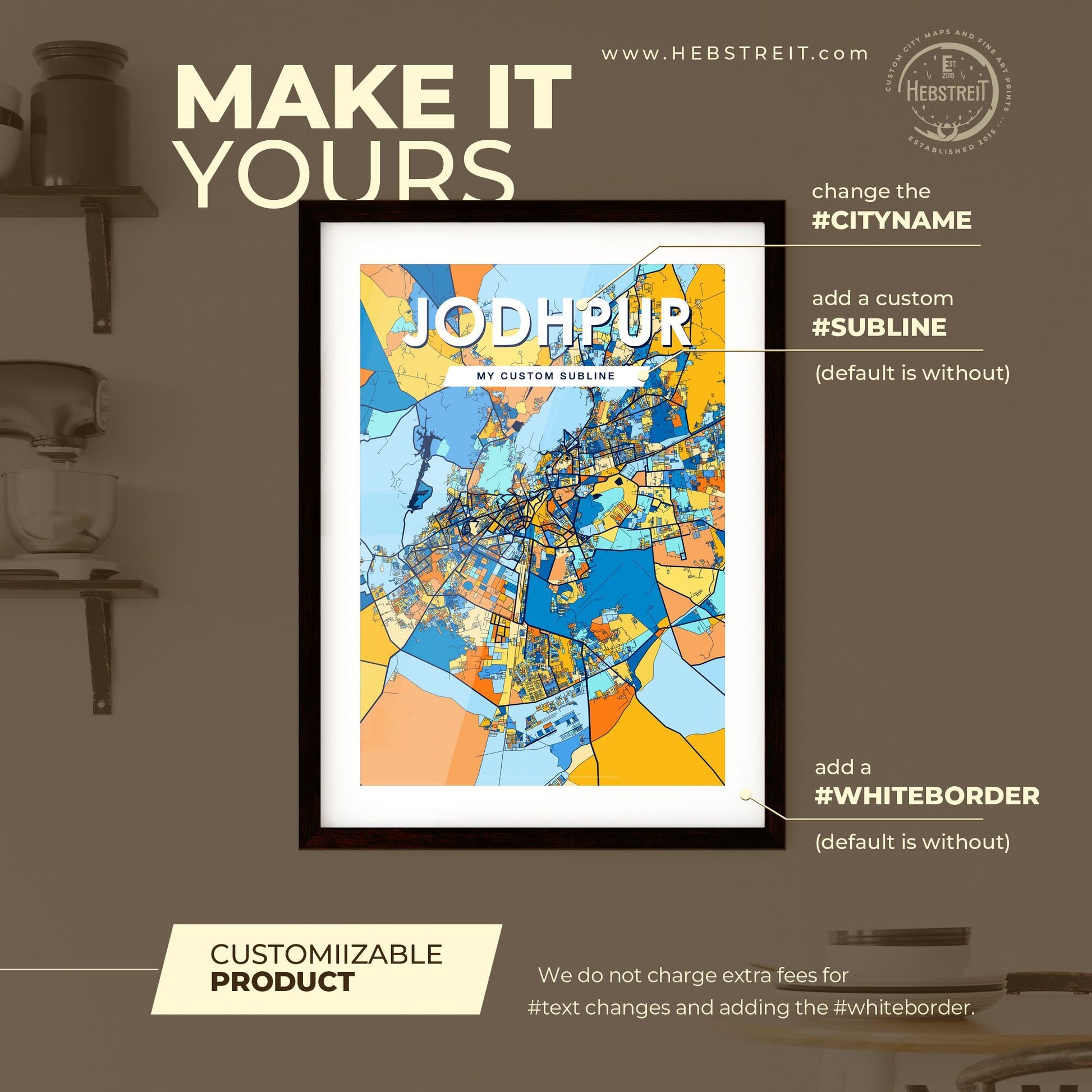 JODHPUR INDIA Vibrant Colorful Art Map Poster Blue Orange