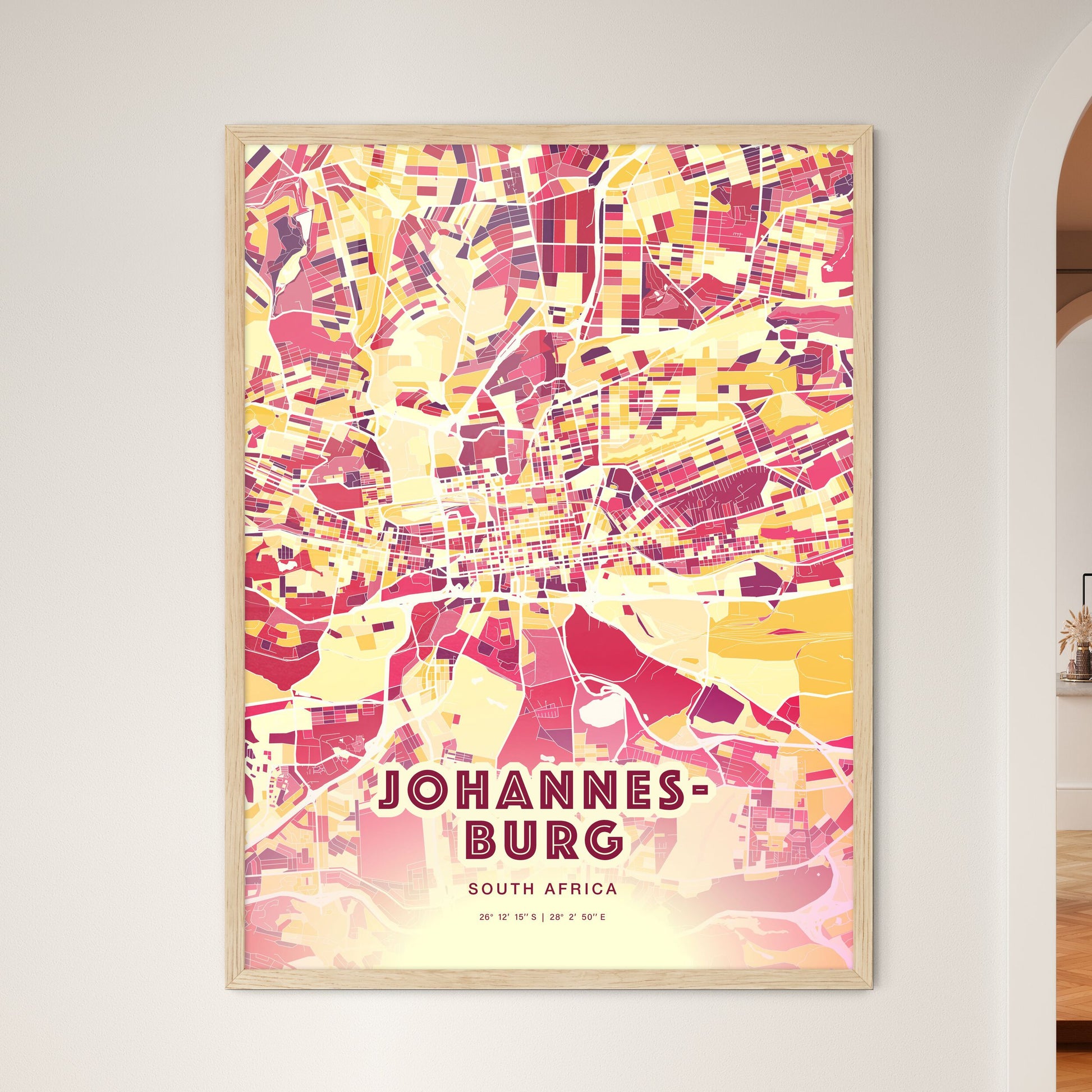 Colorful Johannesburg South Africa Fine Art Map Hot Red
