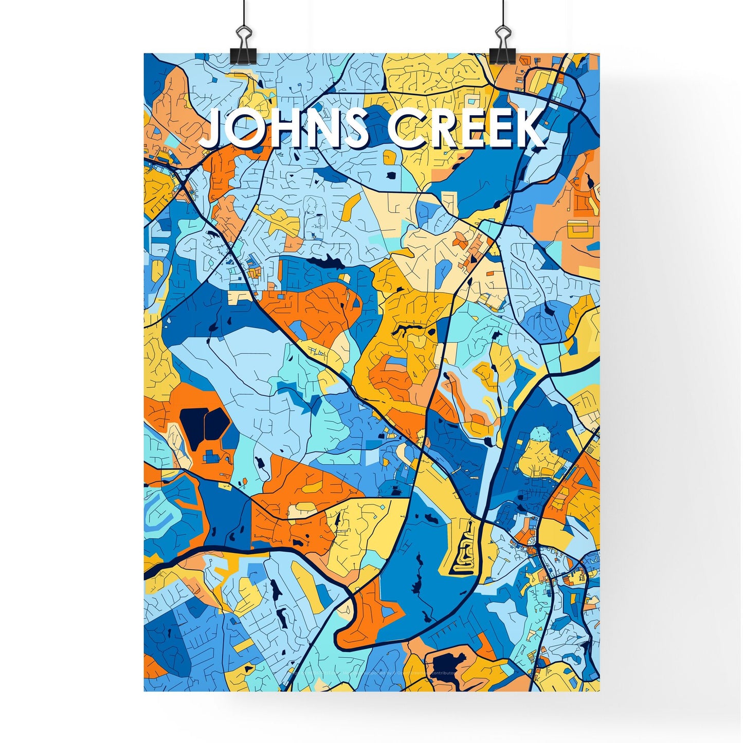 JOHNS CREEK GEORGIA Vibrant Colorful Art Map Poster Blue Orange