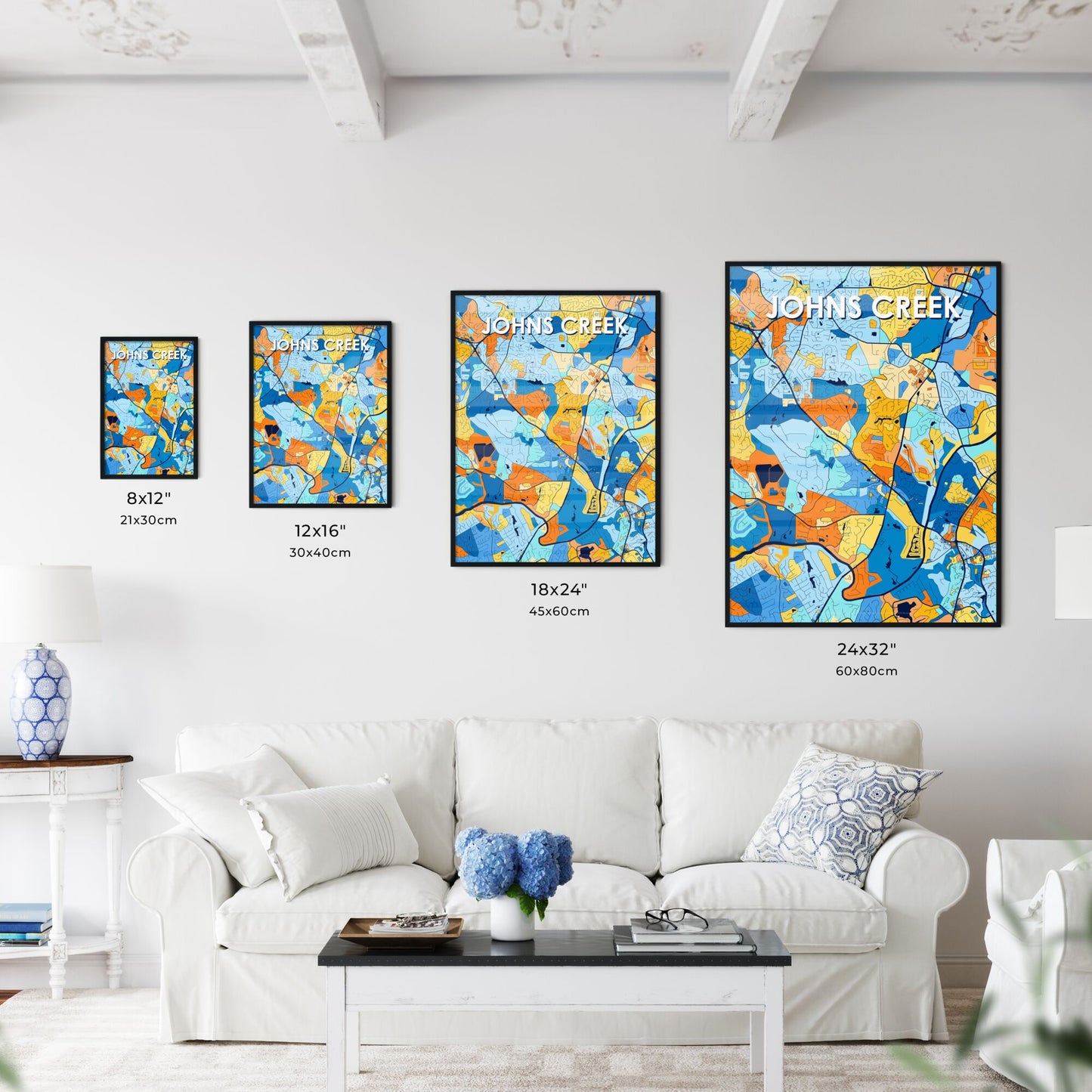 JOHNS CREEK GEORGIA Vibrant Colorful Art Map Poster Blue Orange