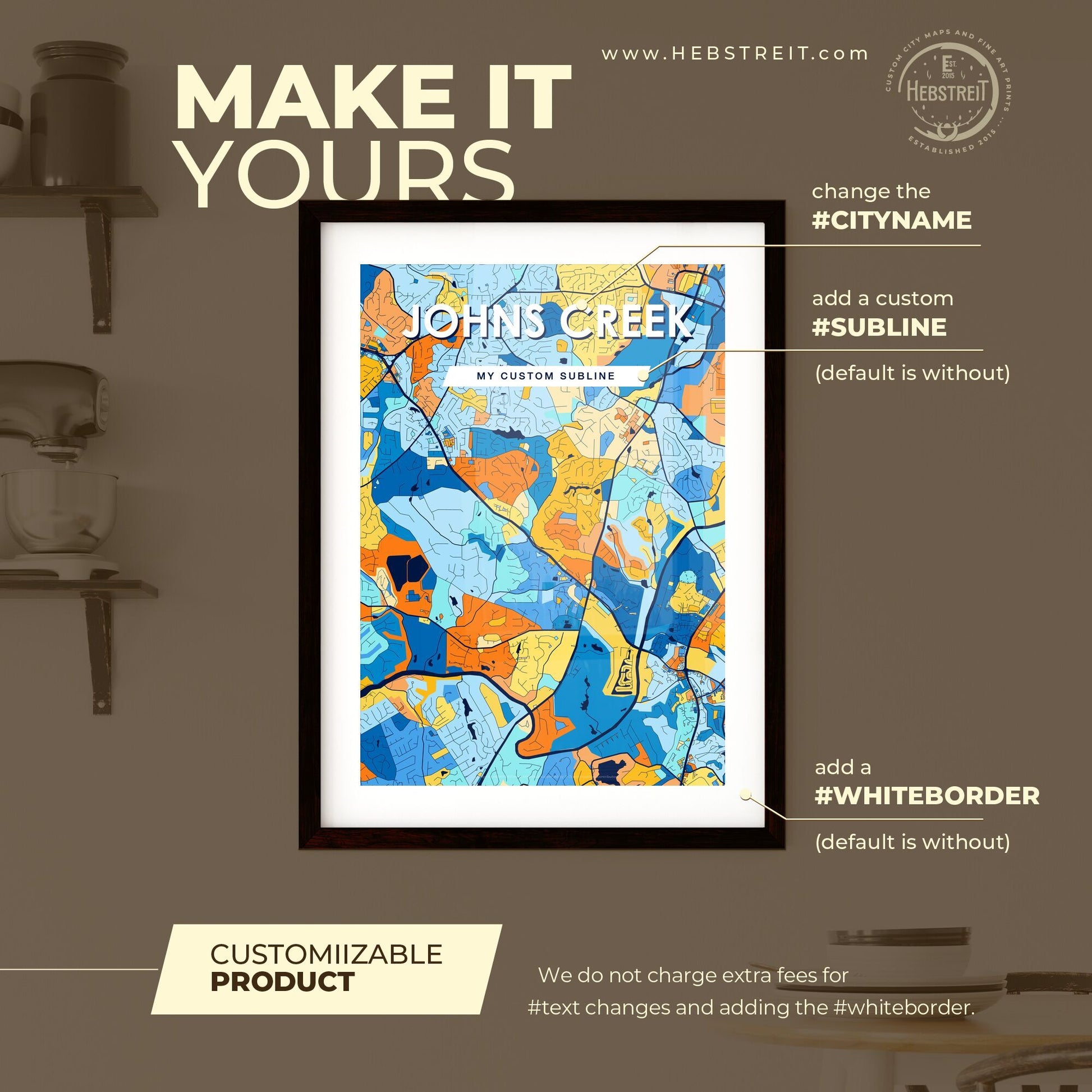 JOHNS CREEK GEORGIA Vibrant Colorful Art Map Poster Blue Orange