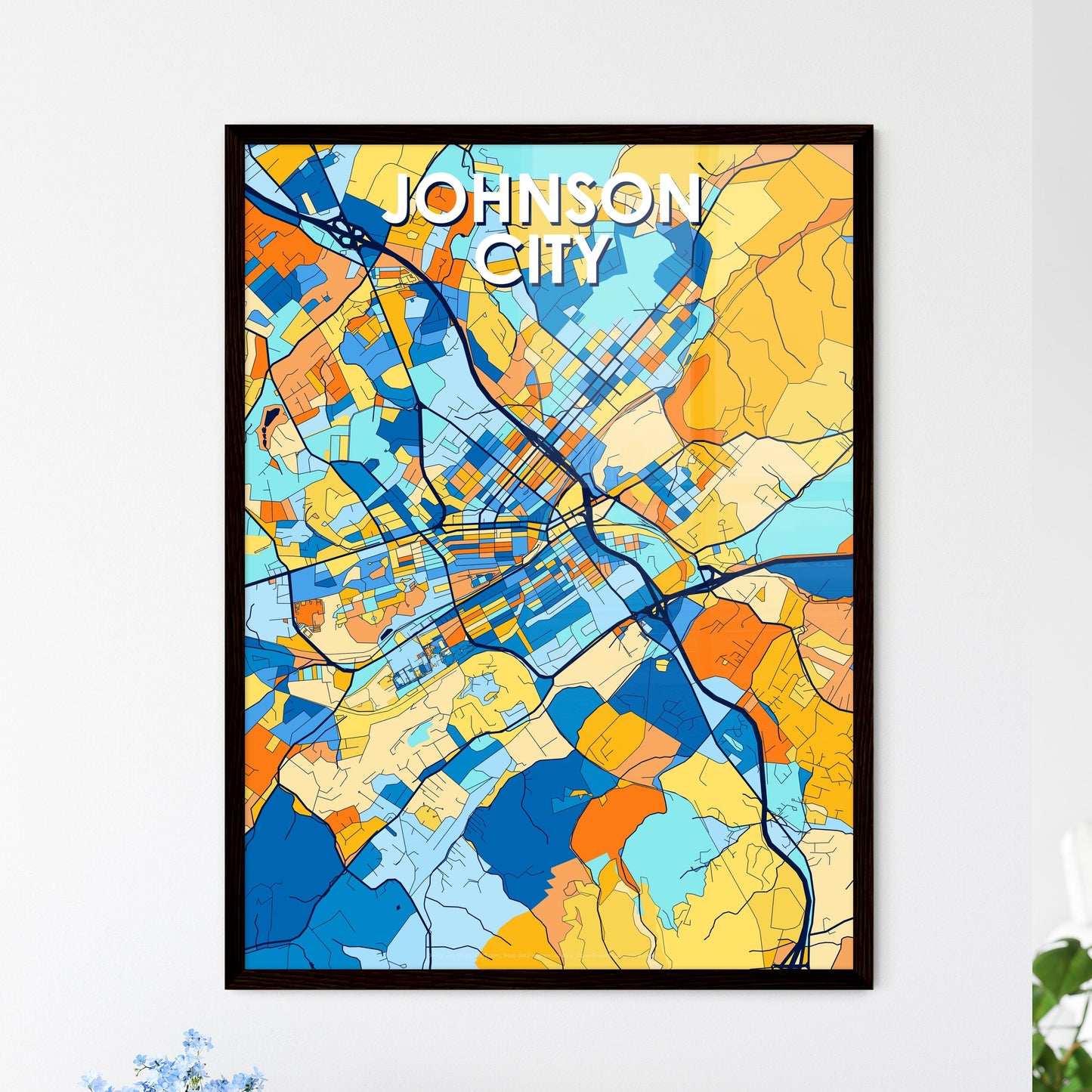 JOHNSON CITY TENNESSEE Vibrant Colorful Art Map Poster Blue Orange