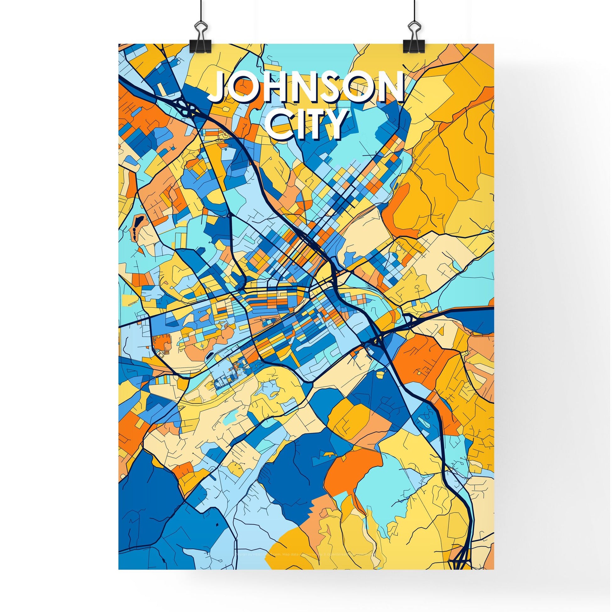 JOHNSON CITY TENNESSEE Vibrant Colorful Art Map Poster Blue Orange