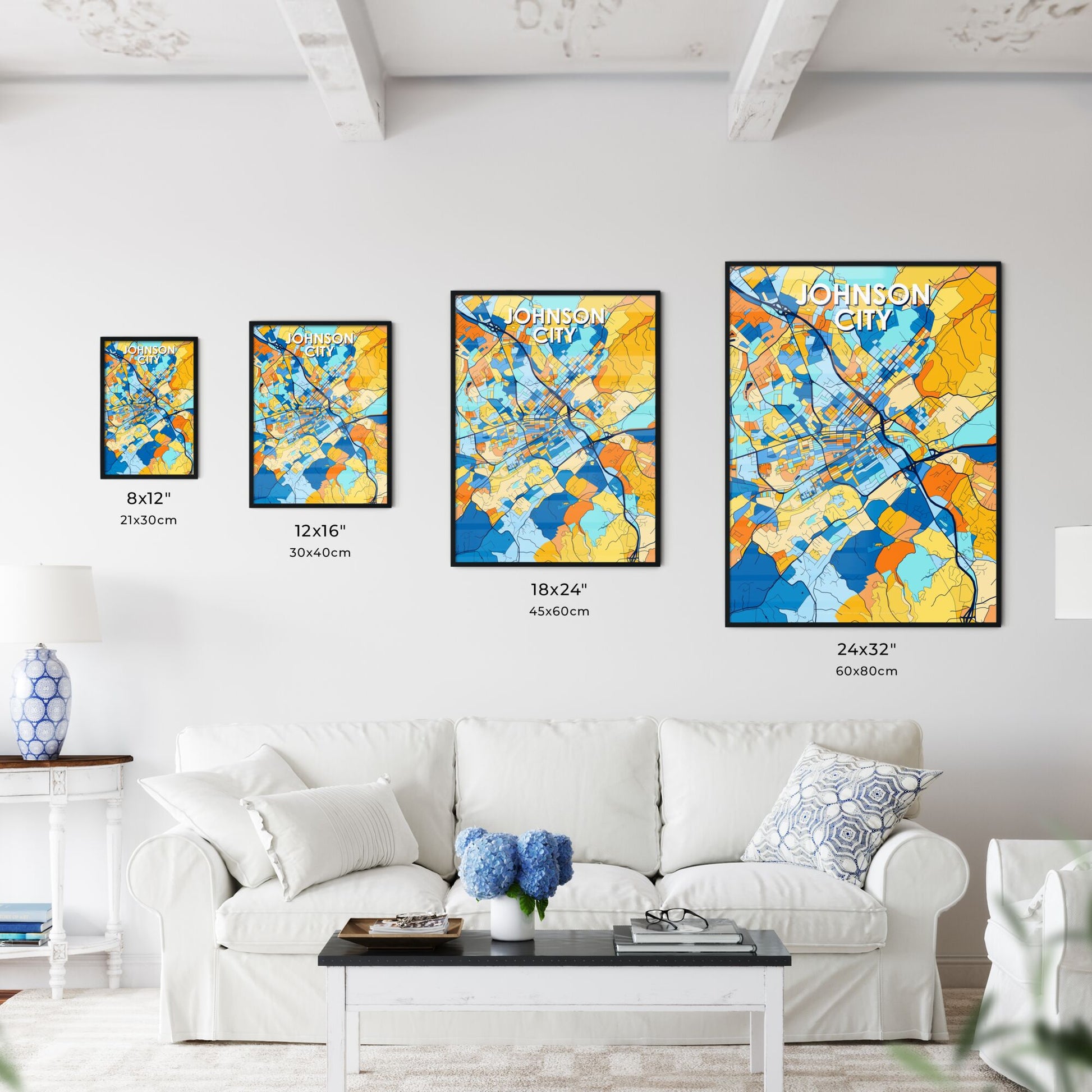 JOHNSON CITY TENNESSEE Vibrant Colorful Art Map Poster Blue Orange