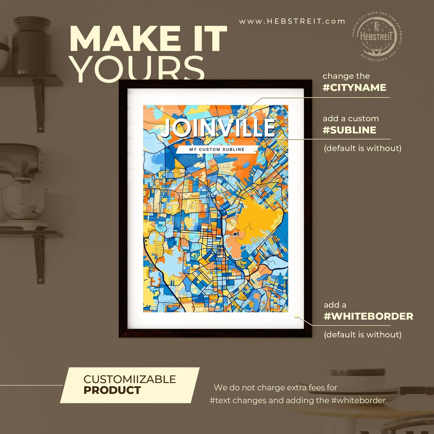 JOINVILLE BRAZIL Vibrant Colorful Art Map Poster Blue Orange