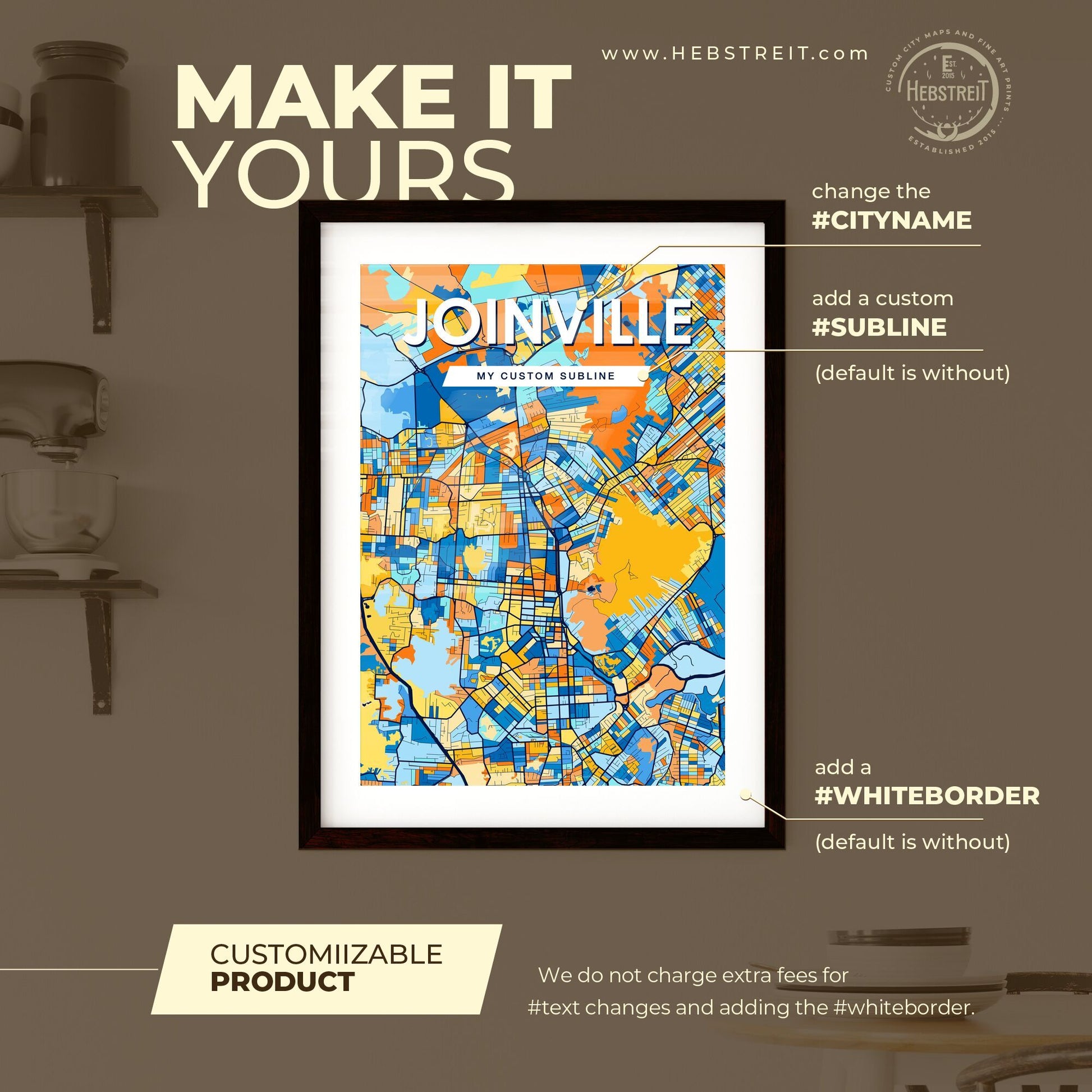 JOINVILLE BRAZIL Vibrant Colorful Art Map Poster Blue Orange