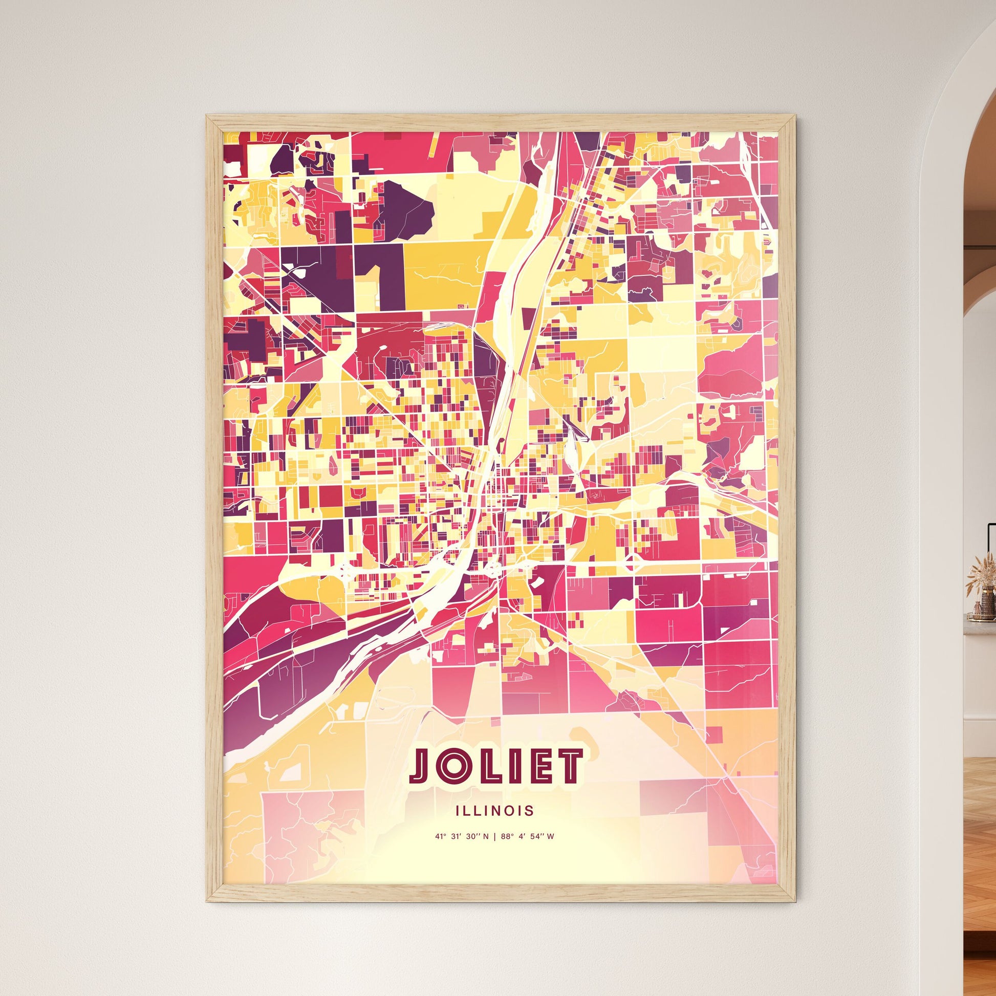 Colorful Joliet Illinois Fine Art Map Hot Red