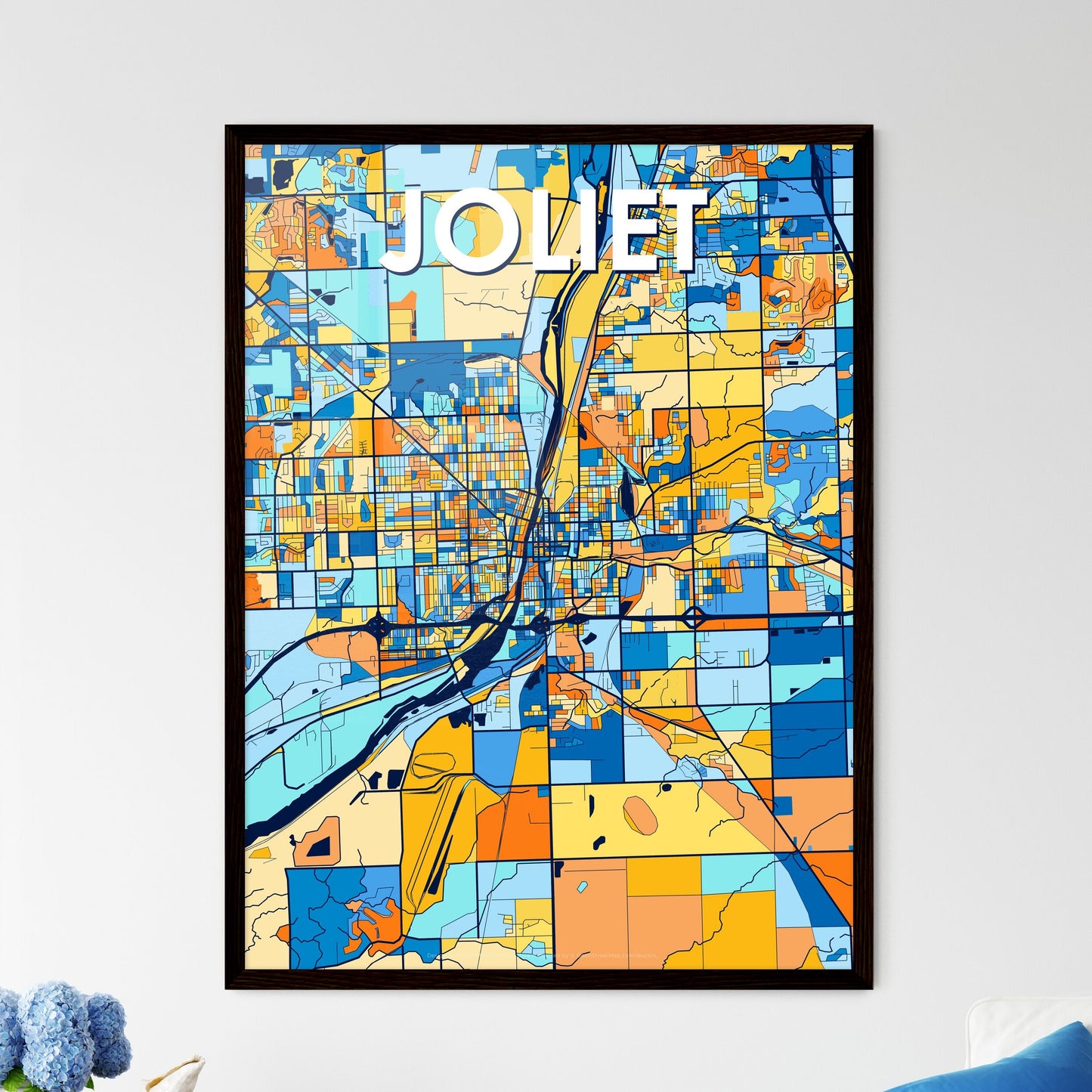 JOLIET ILLINOIS Vibrant Colorful Art Map Poster Blue Orange