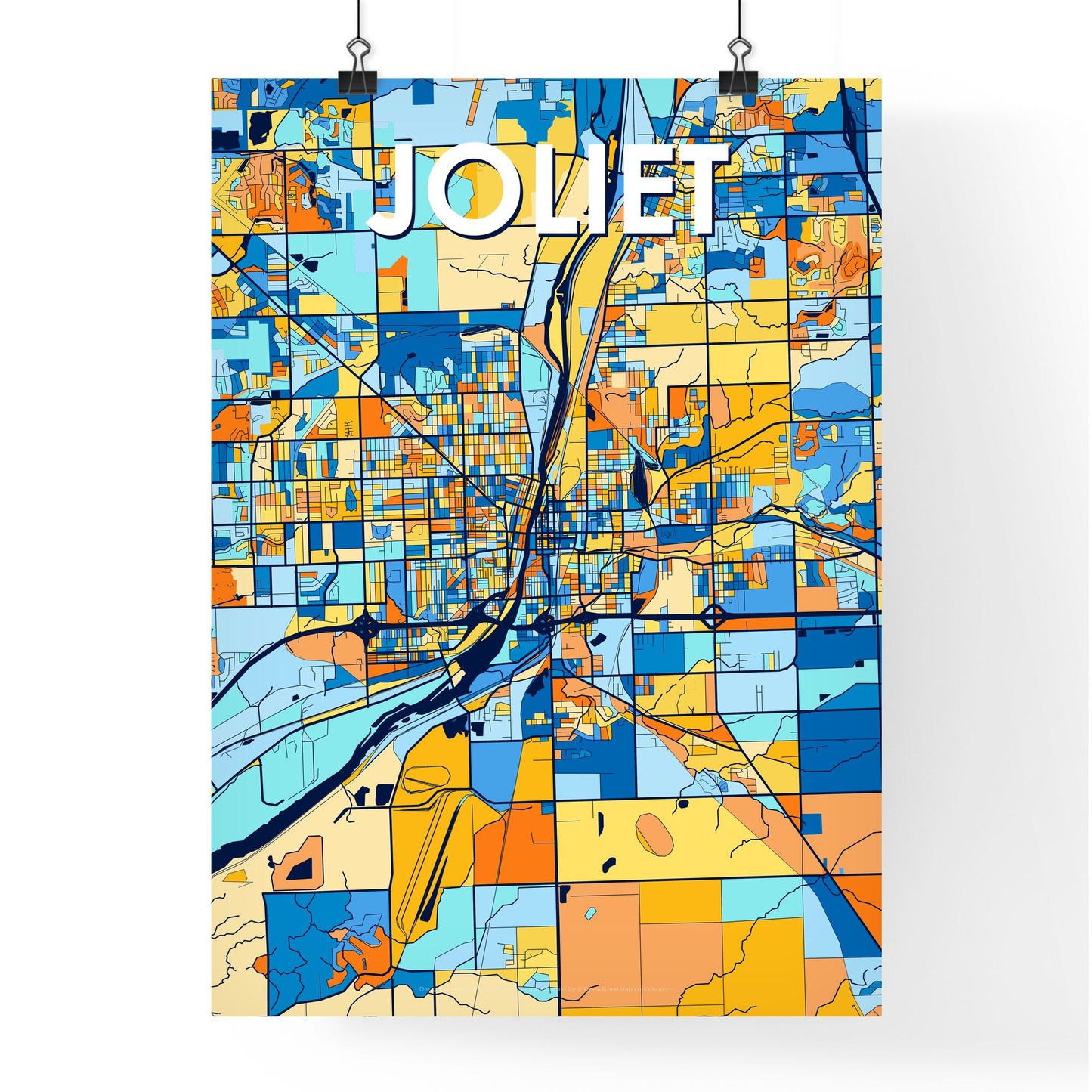 JOLIET ILLINOIS Vibrant Colorful Art Map Poster Blue Orange