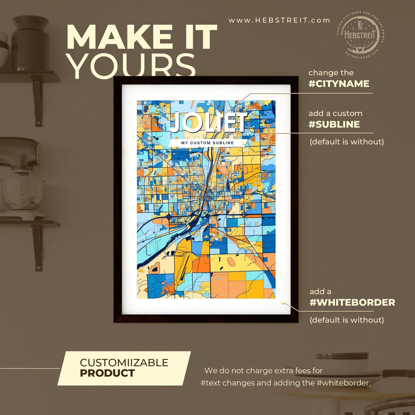 JOLIET ILLINOIS Vibrant Colorful Art Map Poster Blue Orange