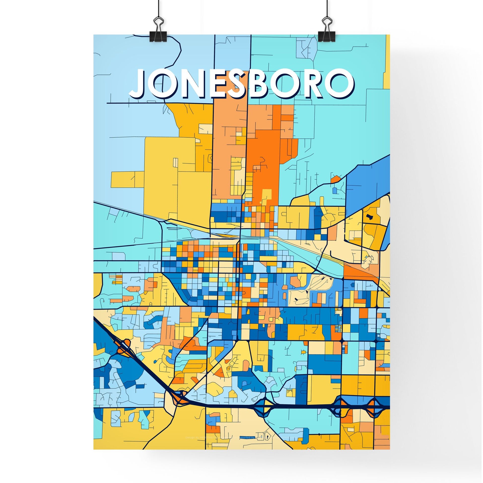 JONESBORO ARKANSAS Vibrant Colorful Art Map Poster Blue Orange