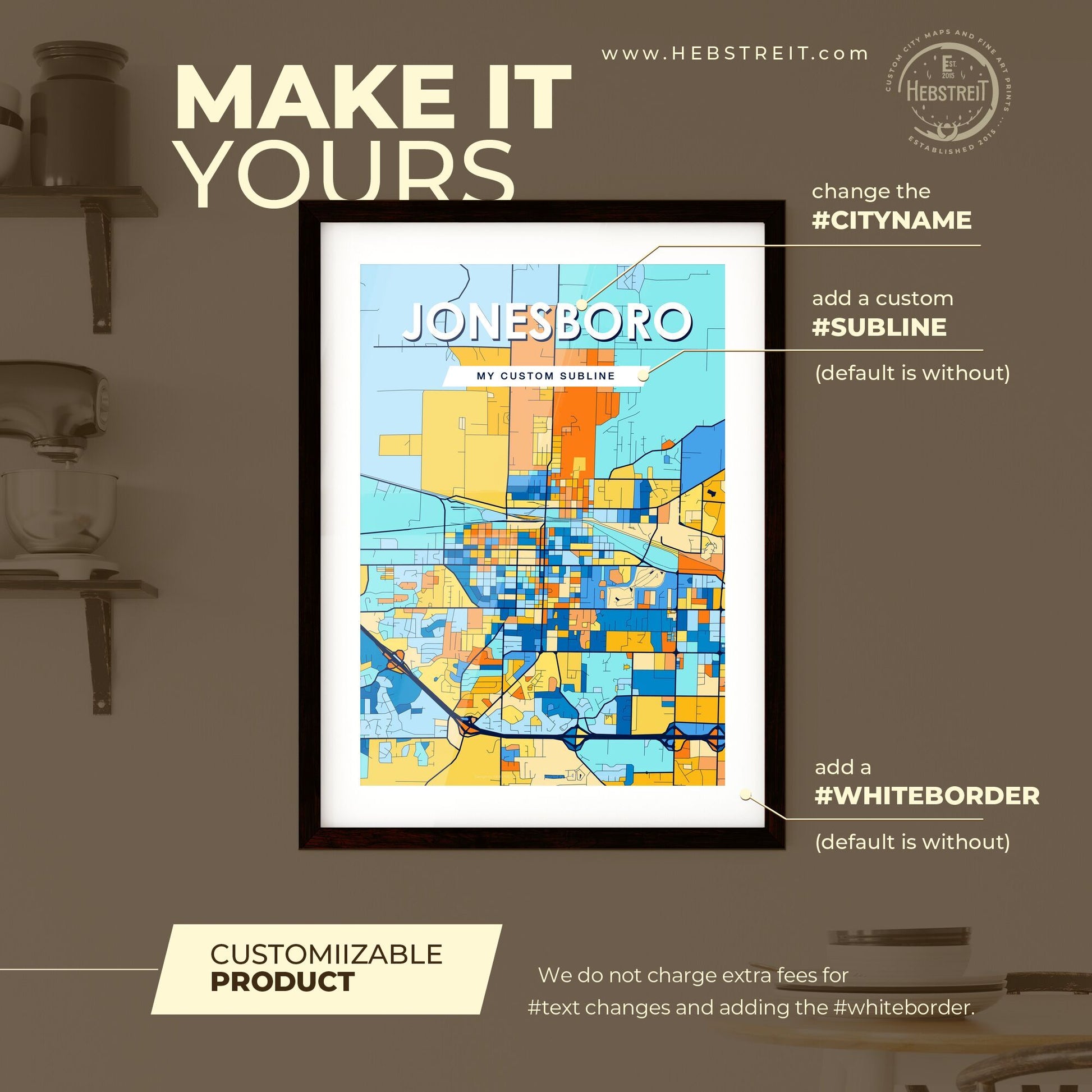 JONESBORO ARKANSAS Vibrant Colorful Art Map Poster Blue Orange