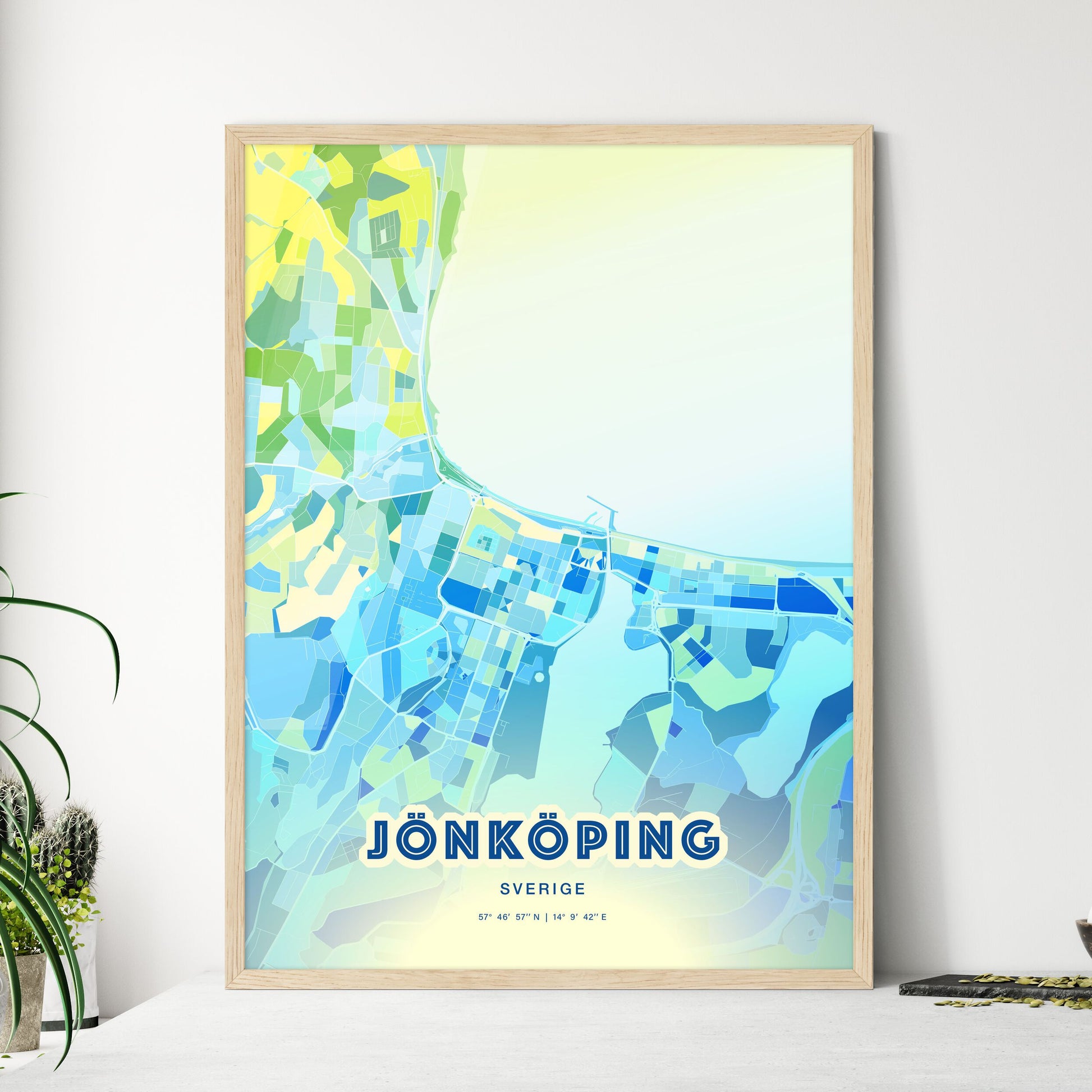 Colorful Jönköping Sweden Fine Art Map Cool Blue