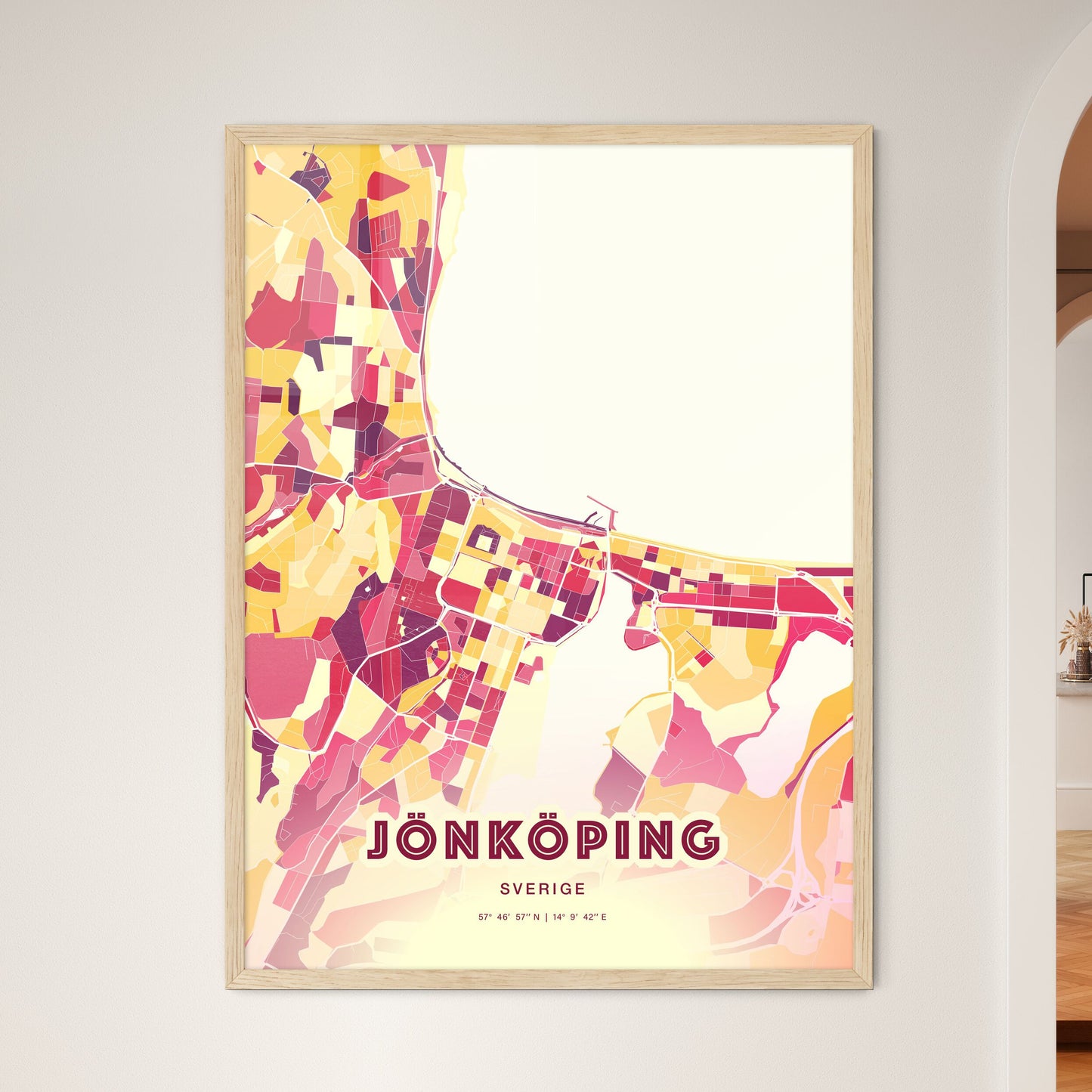 Colorful Jönköping Sweden Fine Art Map Hot Red