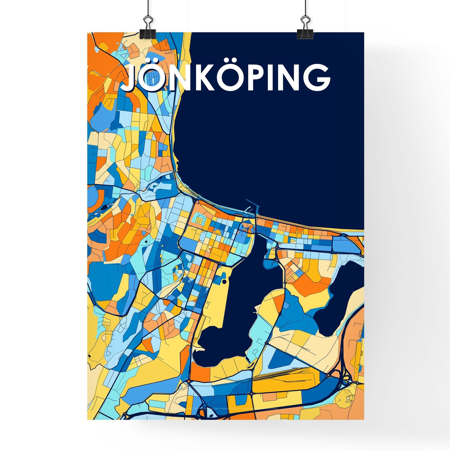 JÖNKÖPING SWEDEN Vibrant Colorful Art Map Poster Blue Orange