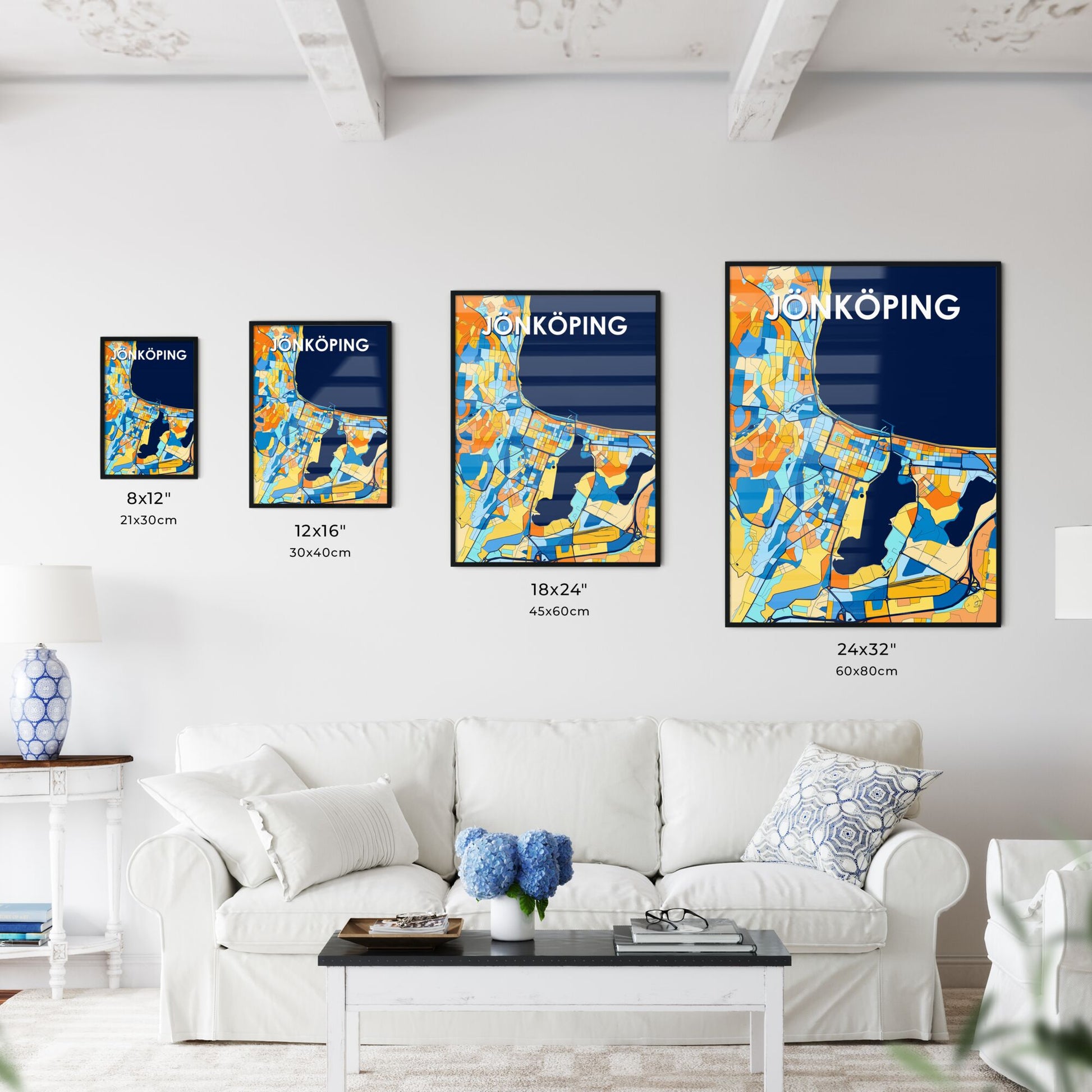 JÖNKÖPING SWEDEN Vibrant Colorful Art Map Poster Blue Orange