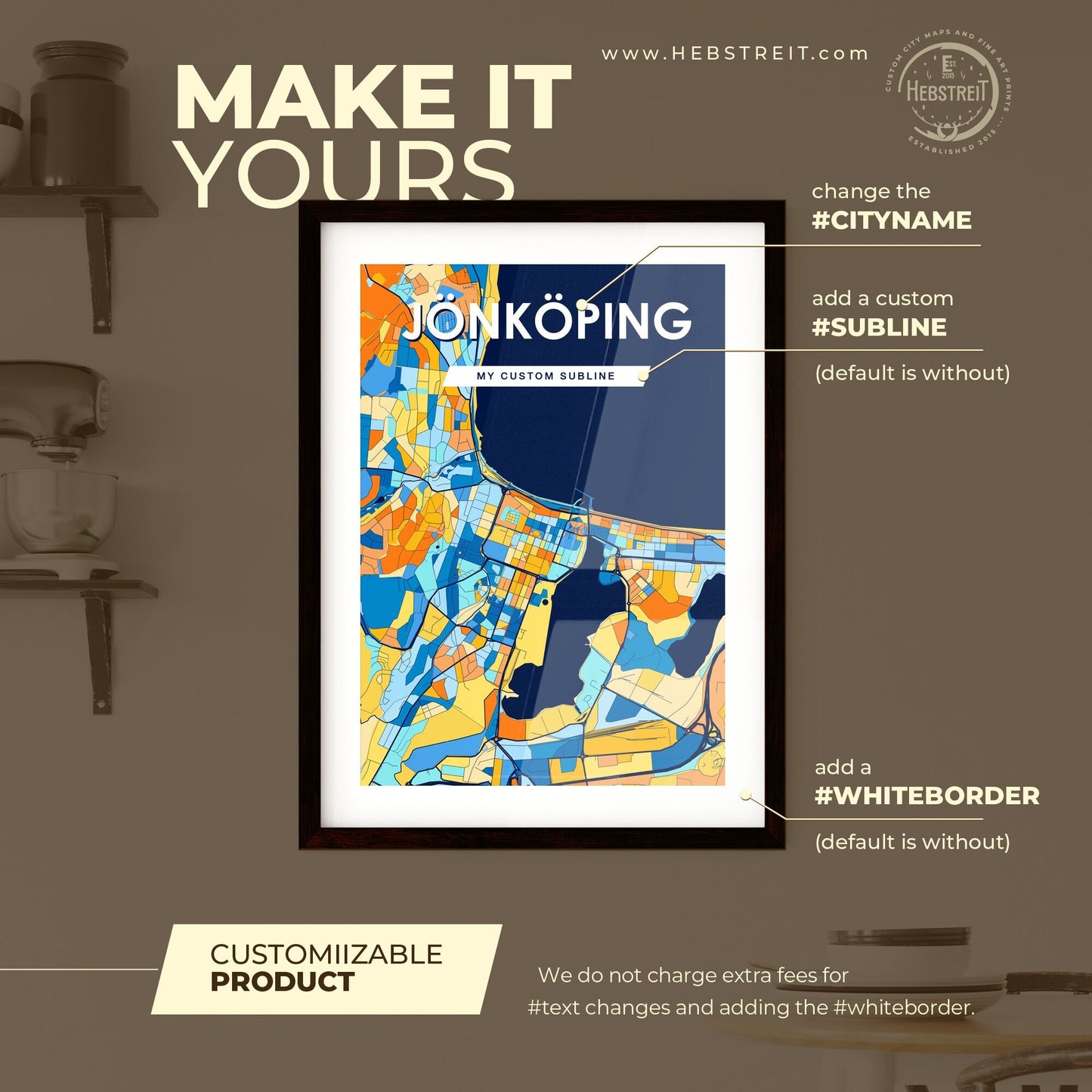 JÖNKÖPING SWEDEN Vibrant Colorful Art Map Poster Blue Orange