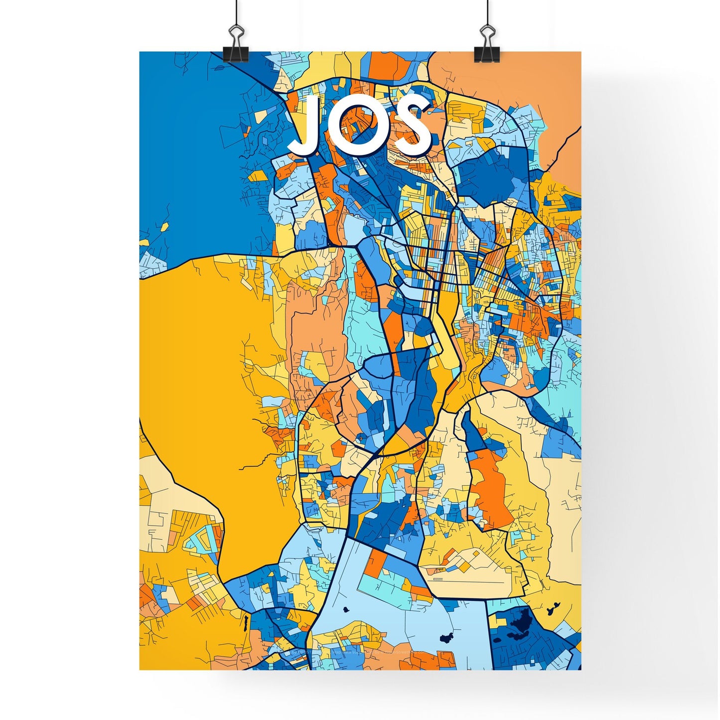 JOS NIGERIA Vibrant Colorful Art Map Poster Blue Orange