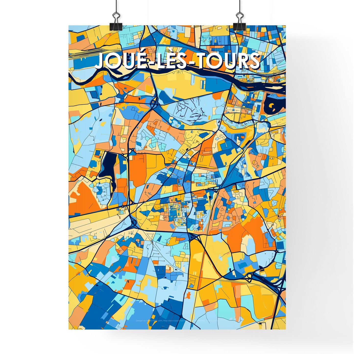 JOUÉ-LÈS-TOURS FRANCE Vibrant Colorful Art Map Poster Blue Orange