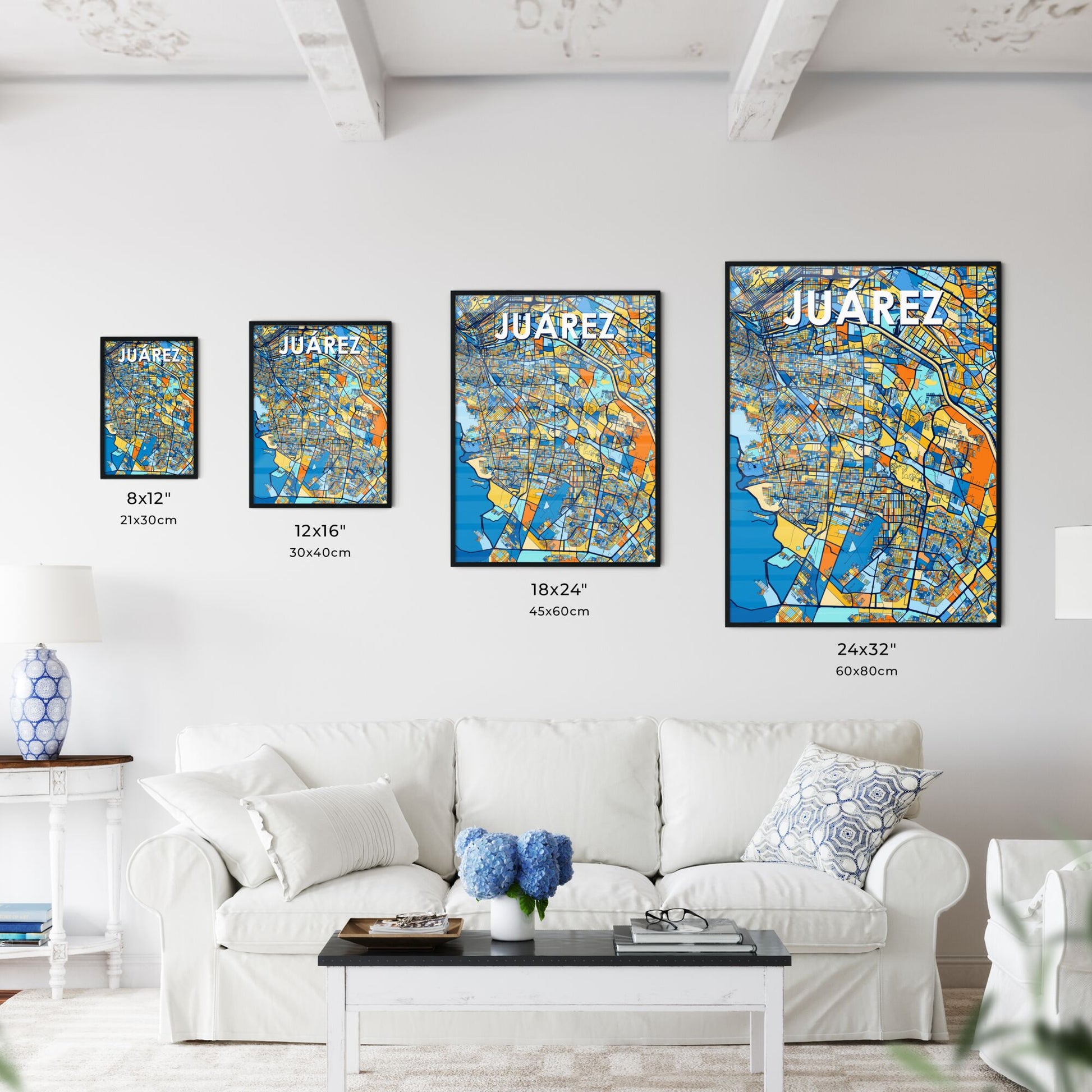 JUÁREZ MEXICO Vibrant Colorful Art Map Poster Blue Orange