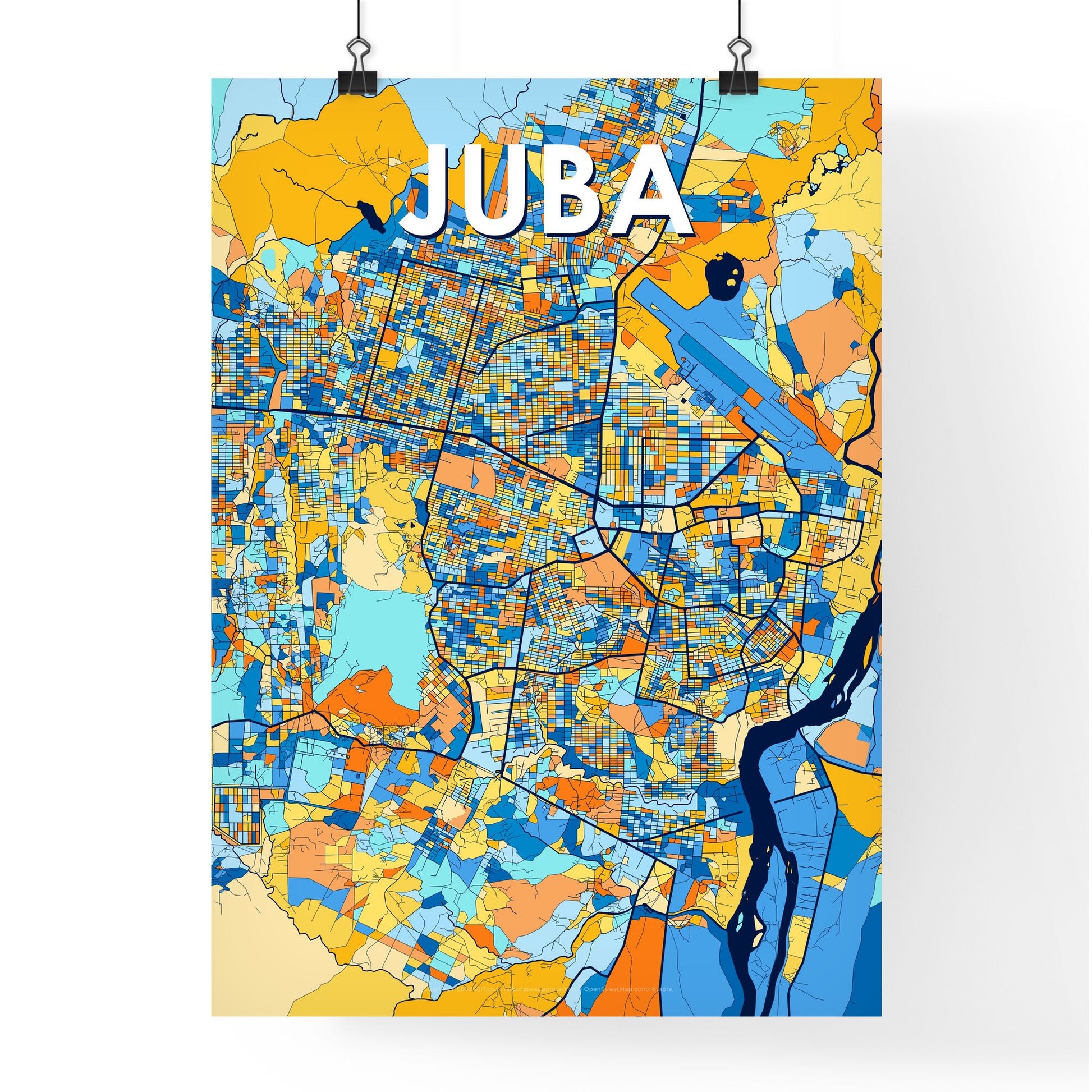 JUBA SOUTH SUDAN Vibrant Colorful Art Map Poster Blue Orange