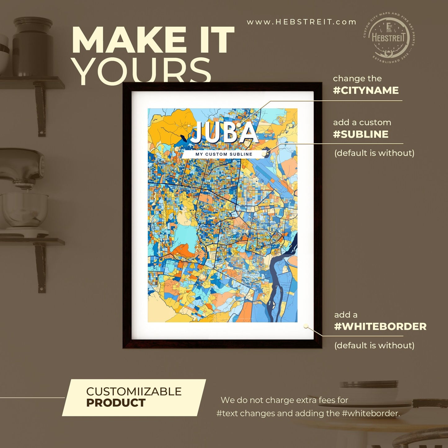 JUBA SOUTH SUDAN Vibrant Colorful Art Map Poster Blue Orange