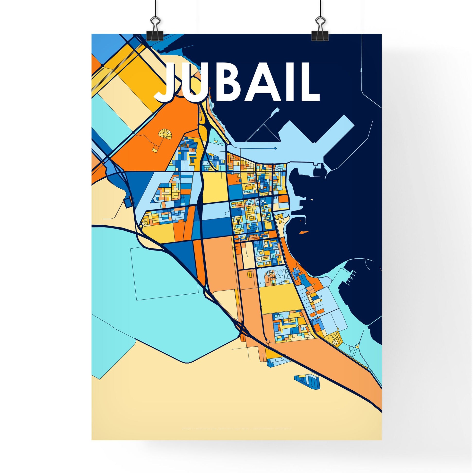 JUBAIL SAUDI ARABIA Vibrant Colorful Art Map Poster Blue Orange