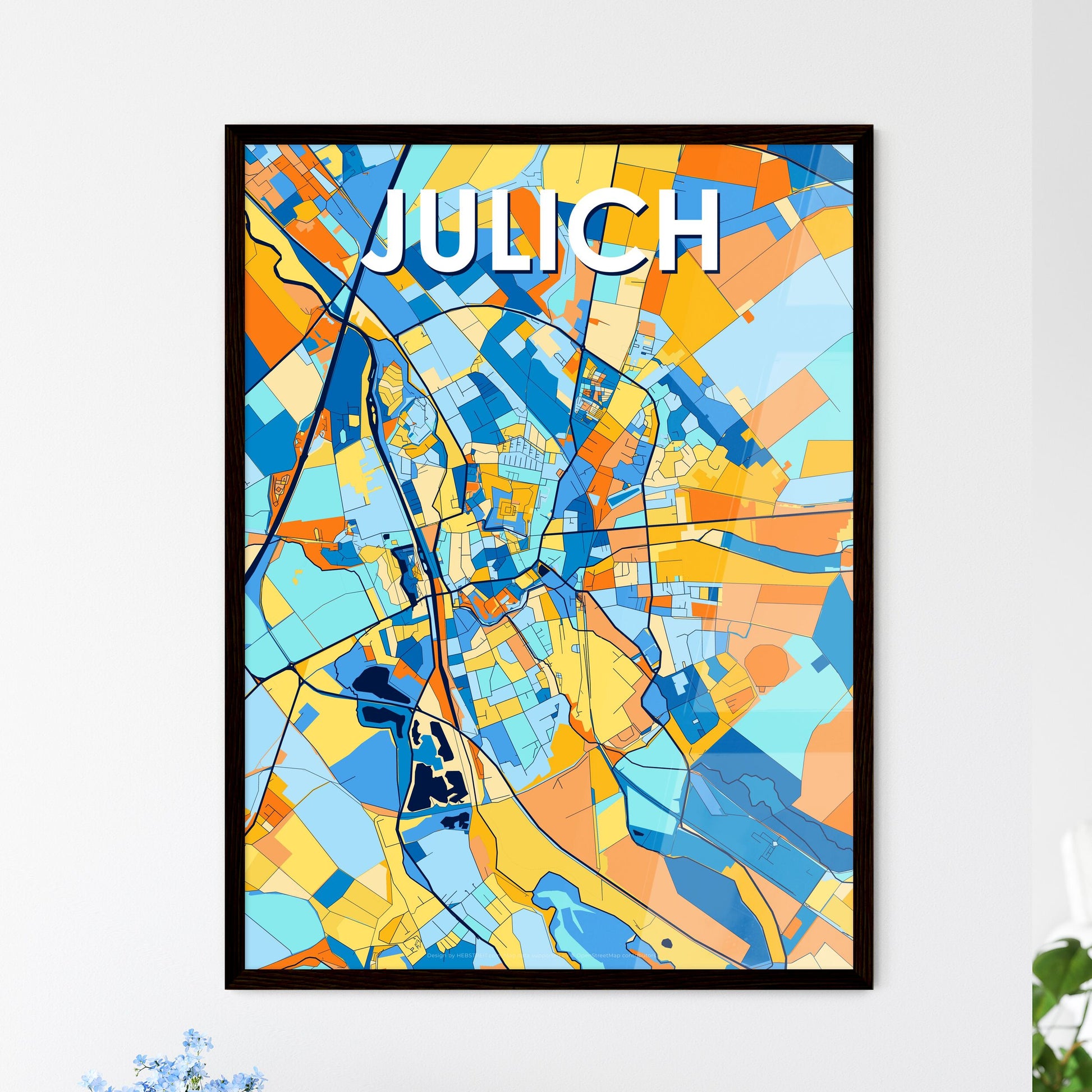 JULICH GERMANY Vibrant Colorful Art Map Poster Blue Orange